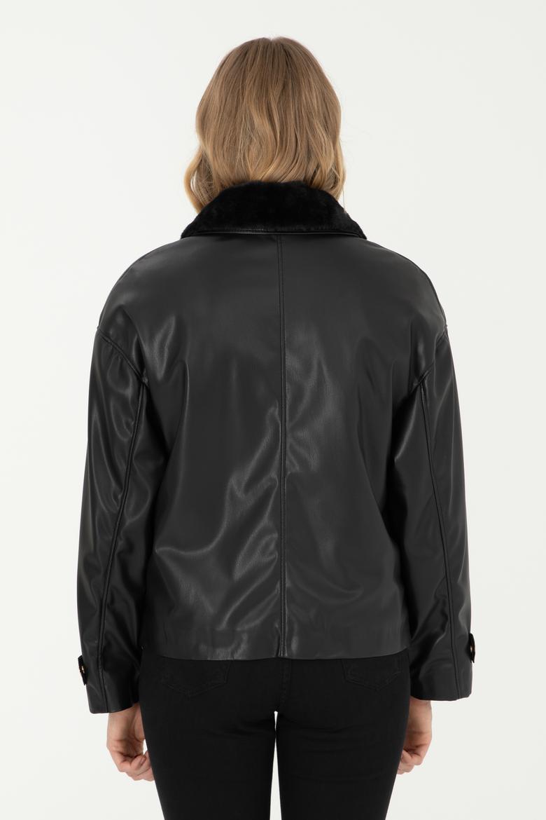 Kadın Siyah Deri Ceket - 50297228004