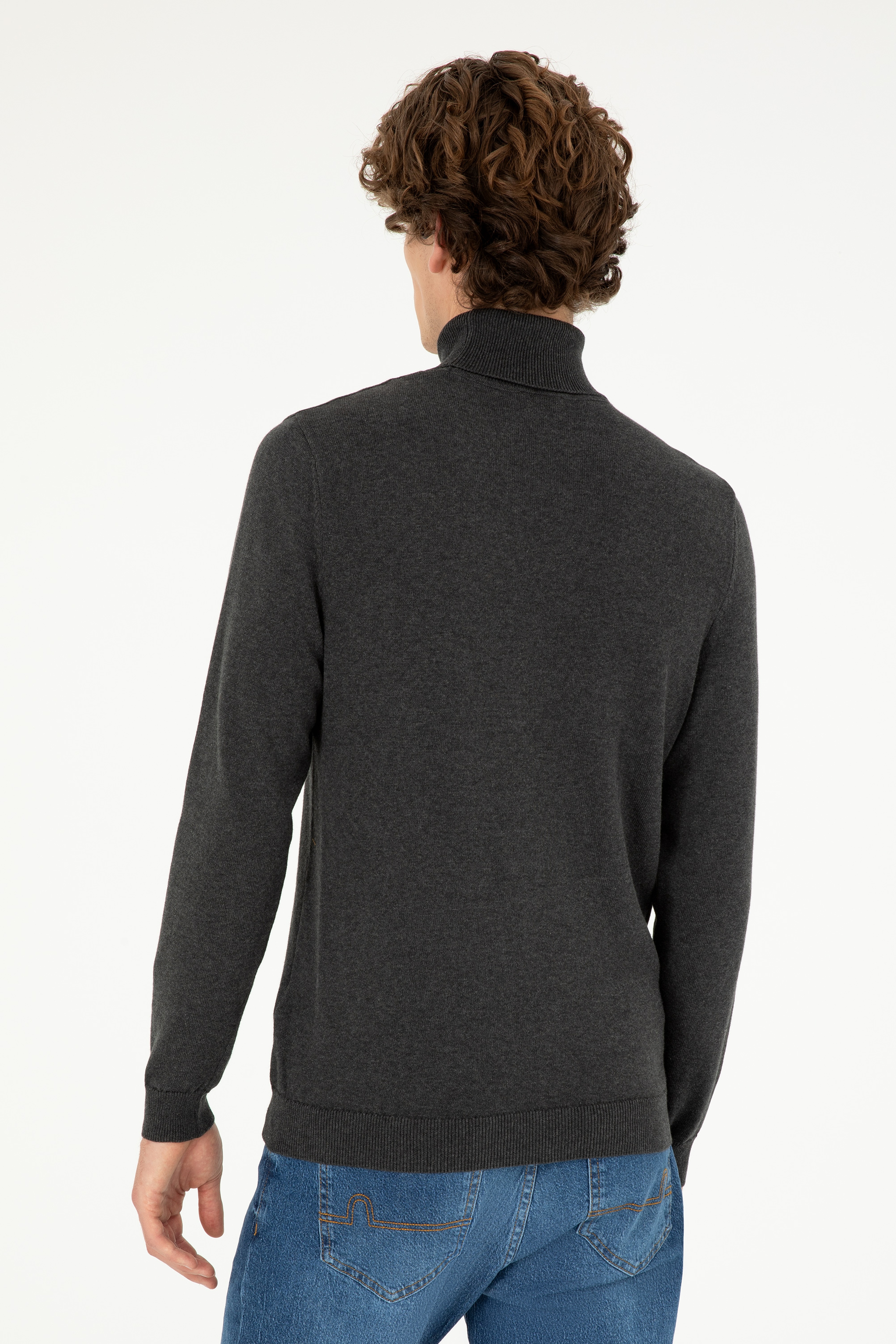 Erkek Slim Fit Boğazlı Yaka Antrasit Melanj Basic Kazak - Image 5