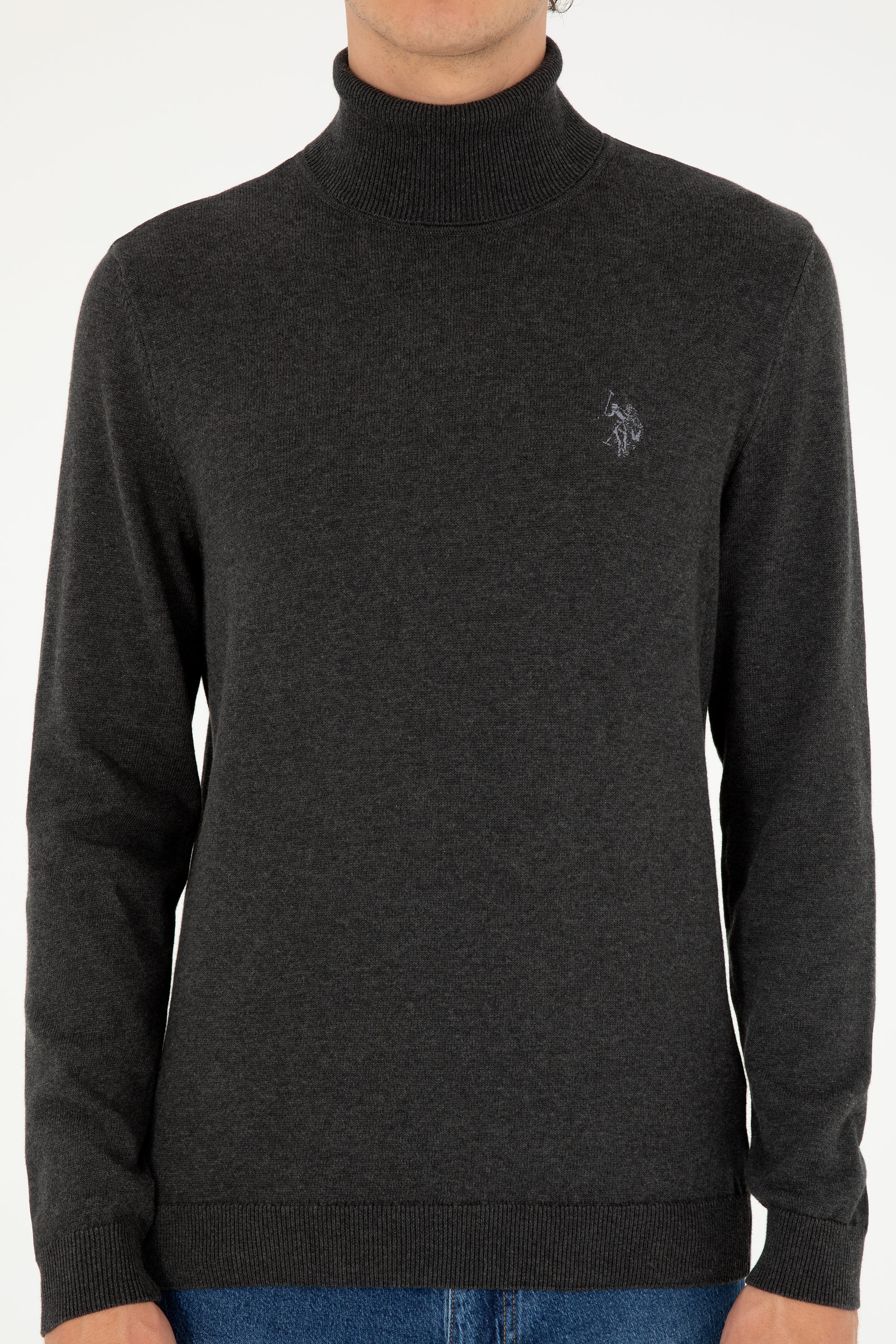 Erkek Slim Fit Boğazlı Yaka Antrasit Melanj Basic Kazak