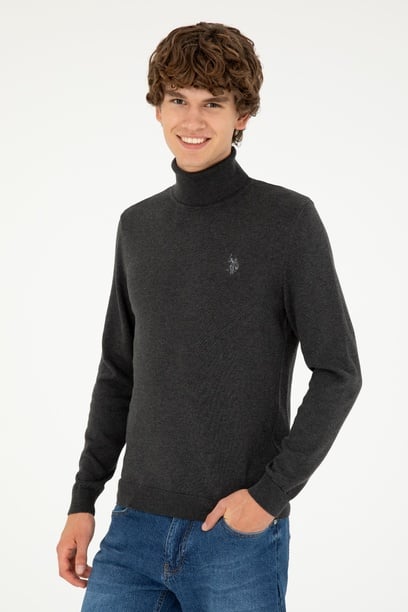 Erkek Slim Fit Boğazlı Yaka Antrasit Melanj Basic Kazak