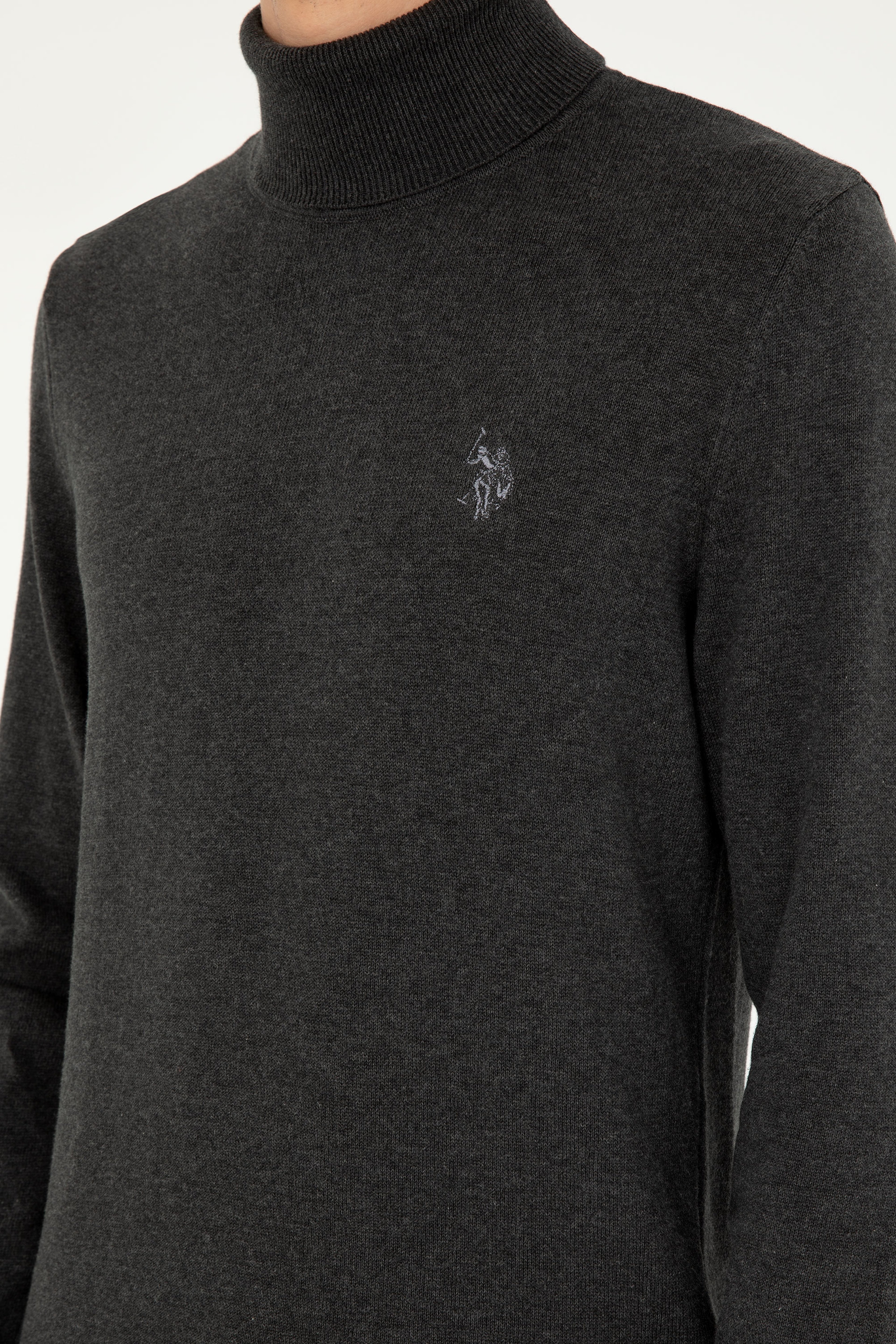 Erkek Slim Fit Boğazlı Yaka Antrasit Melanj Basic Kazak