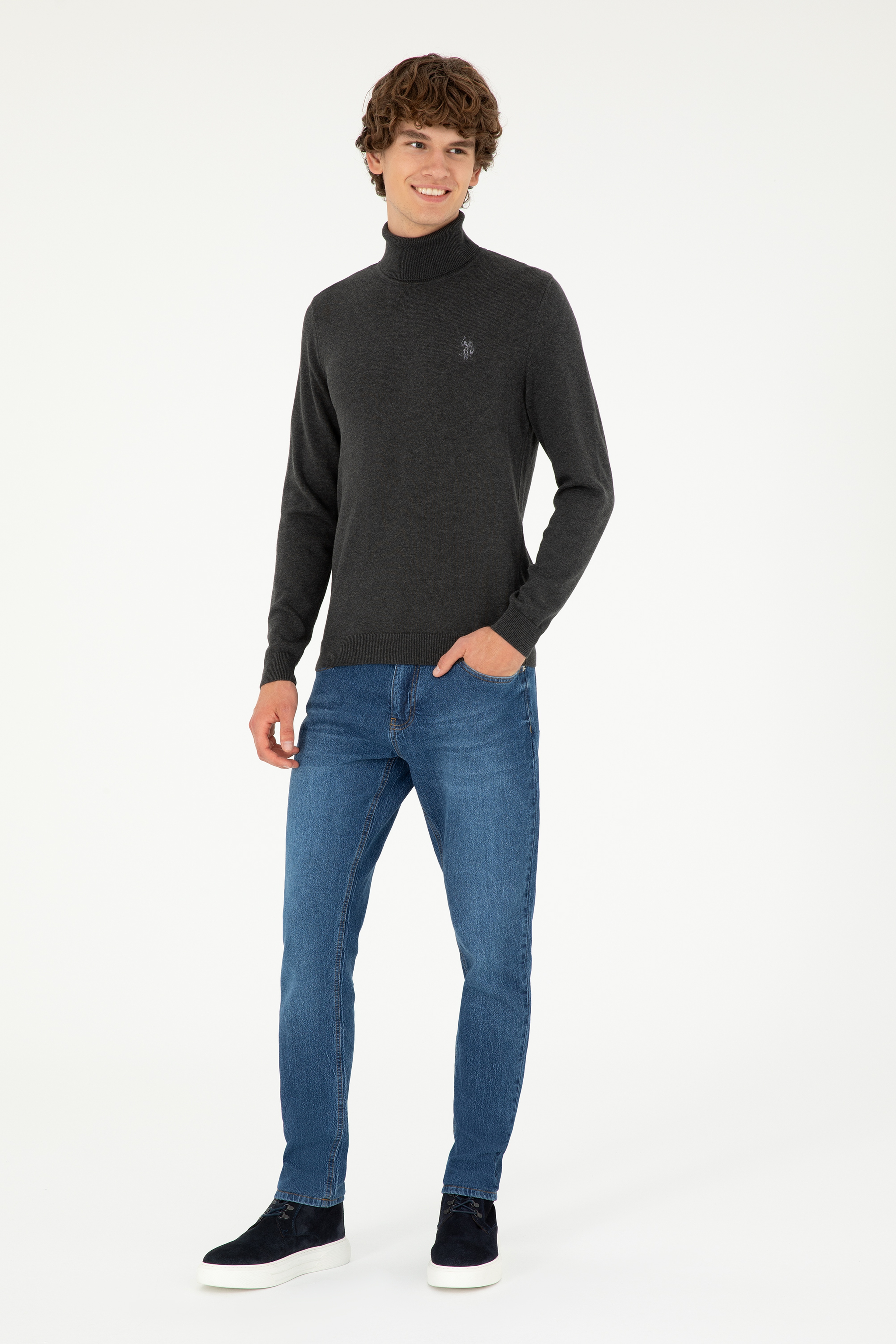 Erkek Slim Fit Boğazlı Yaka Antrasit Melanj Basic Kazak - Image 4
