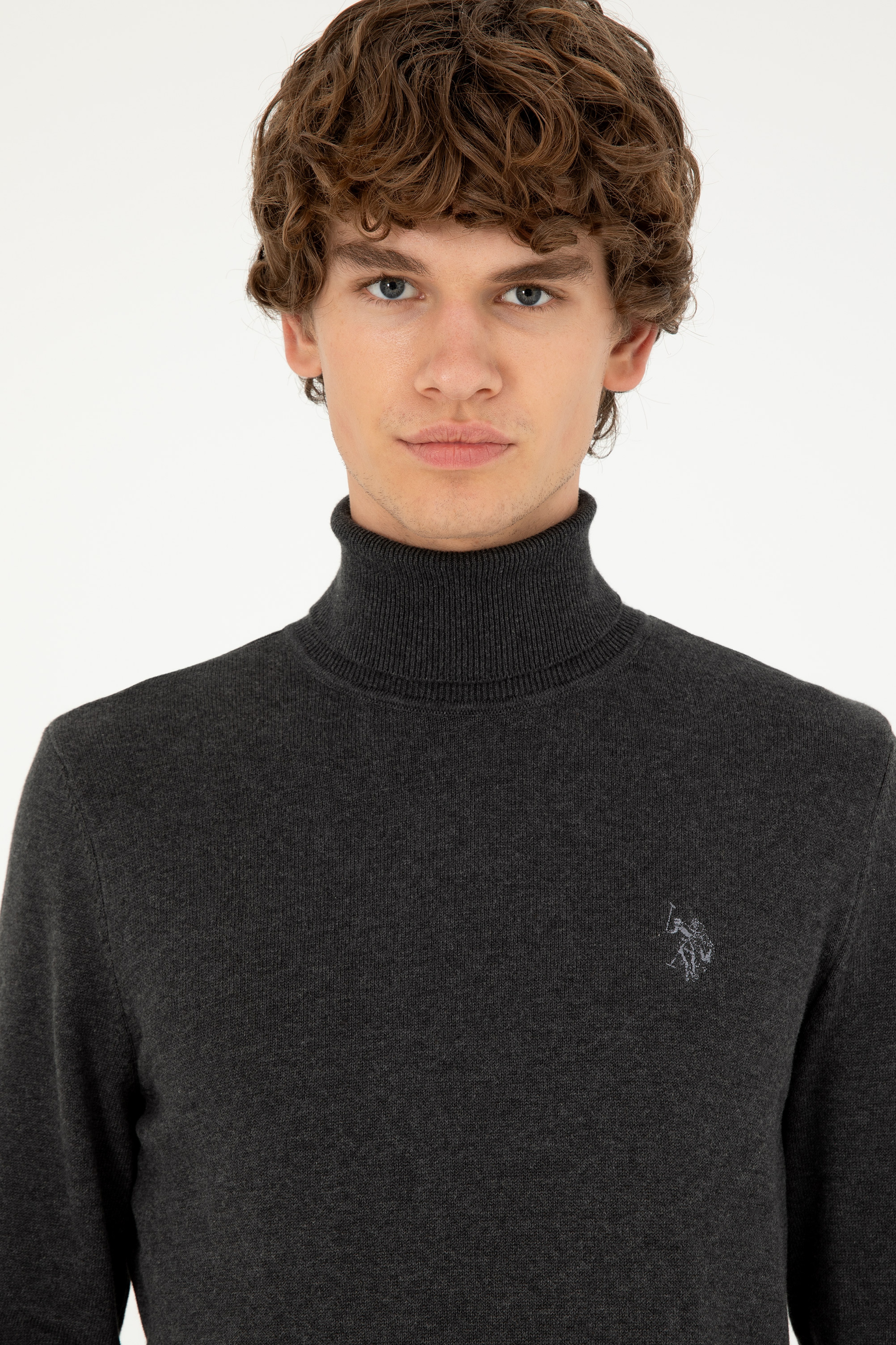 Erkek Slim Fit Boğazlı Yaka Antrasit Melanj Basic Kazak - Image 2