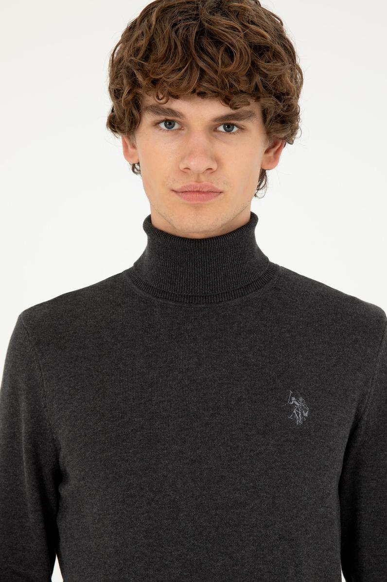 Erkek Slim Fit Boğazlı Yaka Antrasit Melanj Basic Kazak