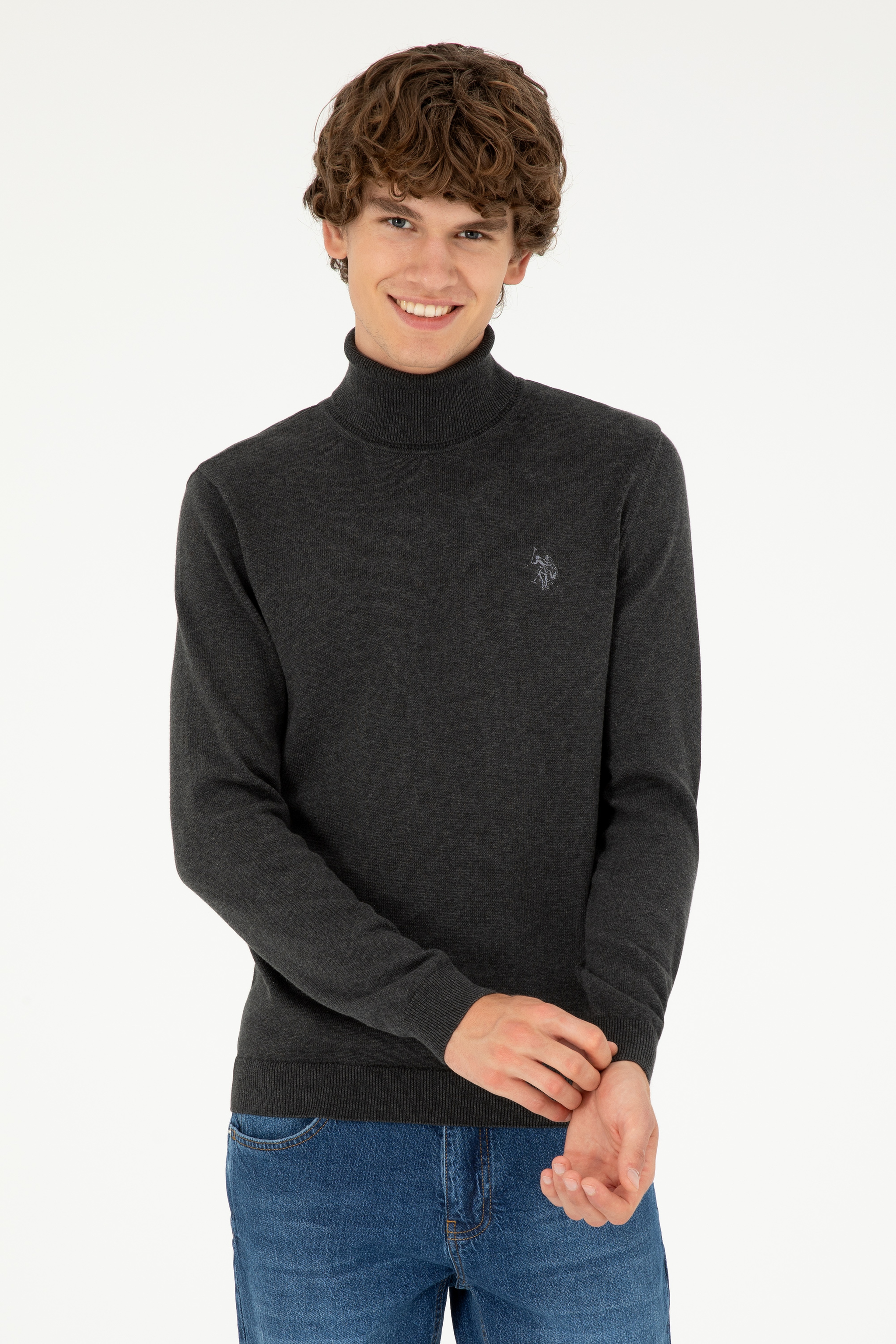 Erkek Slim Fit Boğazlı Yaka Antrasit Melanj Basic Kazak