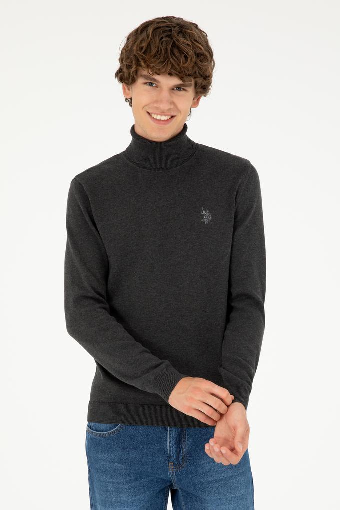 Erkek Slim Fit Boğazlı Yaka Antrasit Melanj Basic Kazak