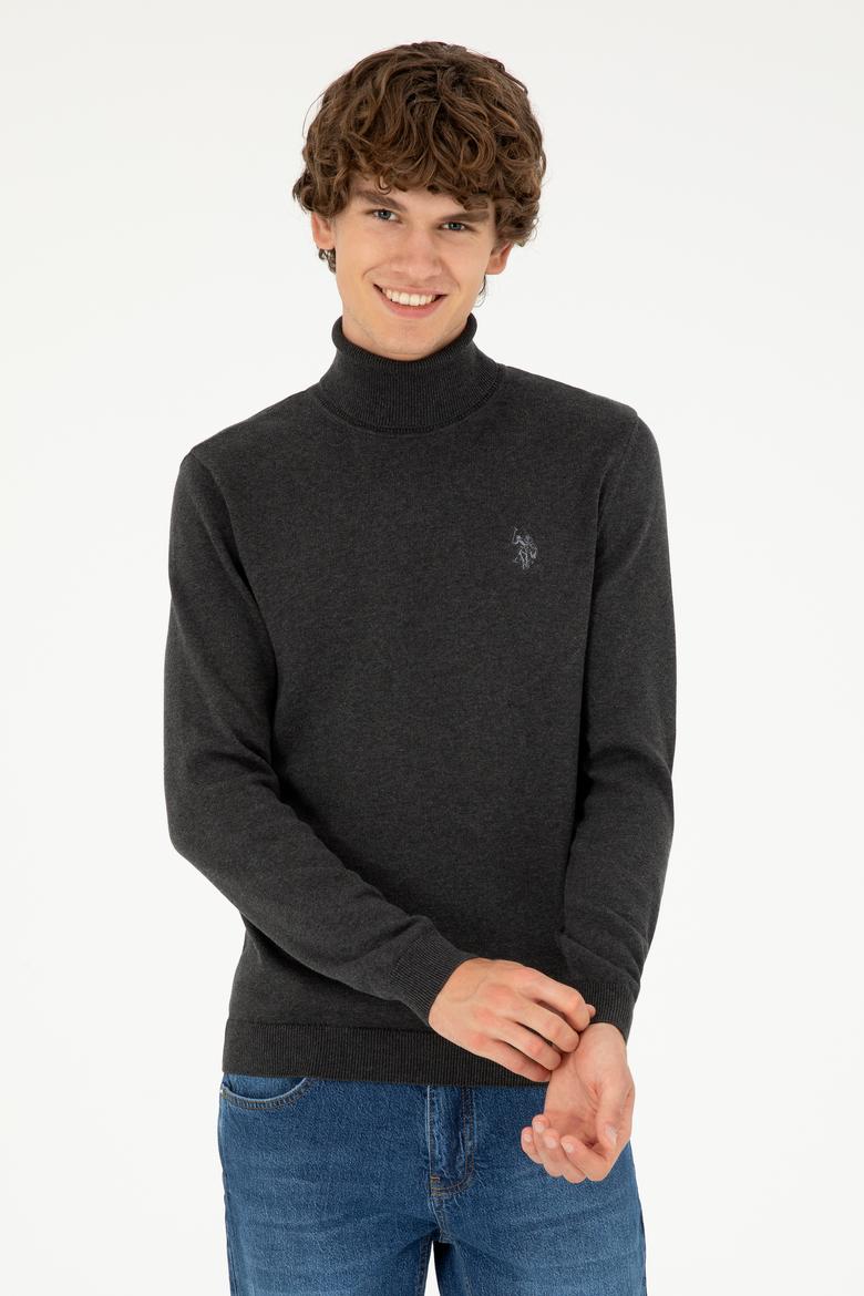 Erkek Slim Fit Boğazlı Yaka Antrasit Melanj Basic Kazak