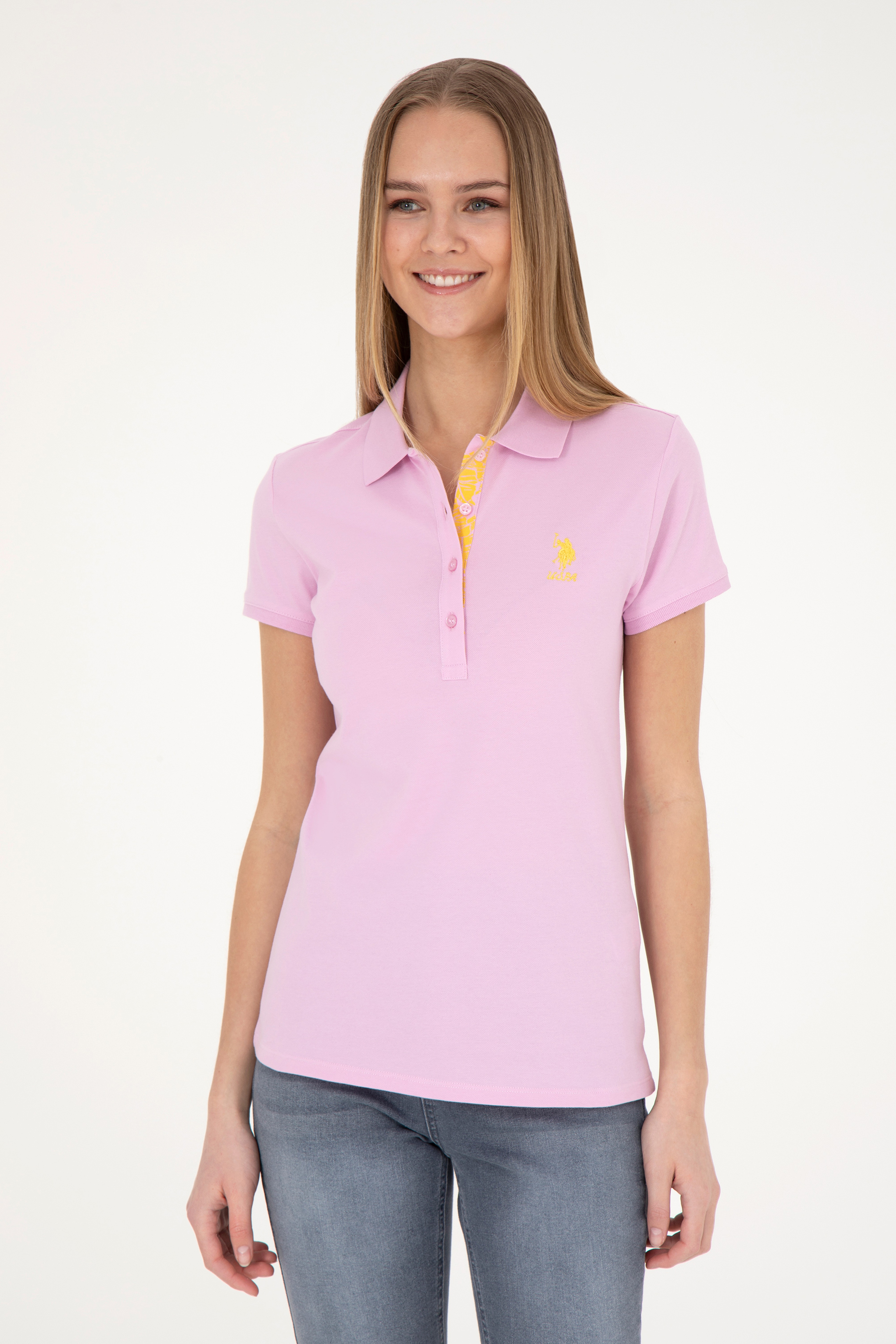 Kadın Pembe Basic Polo Yaka Tişört - Image 2