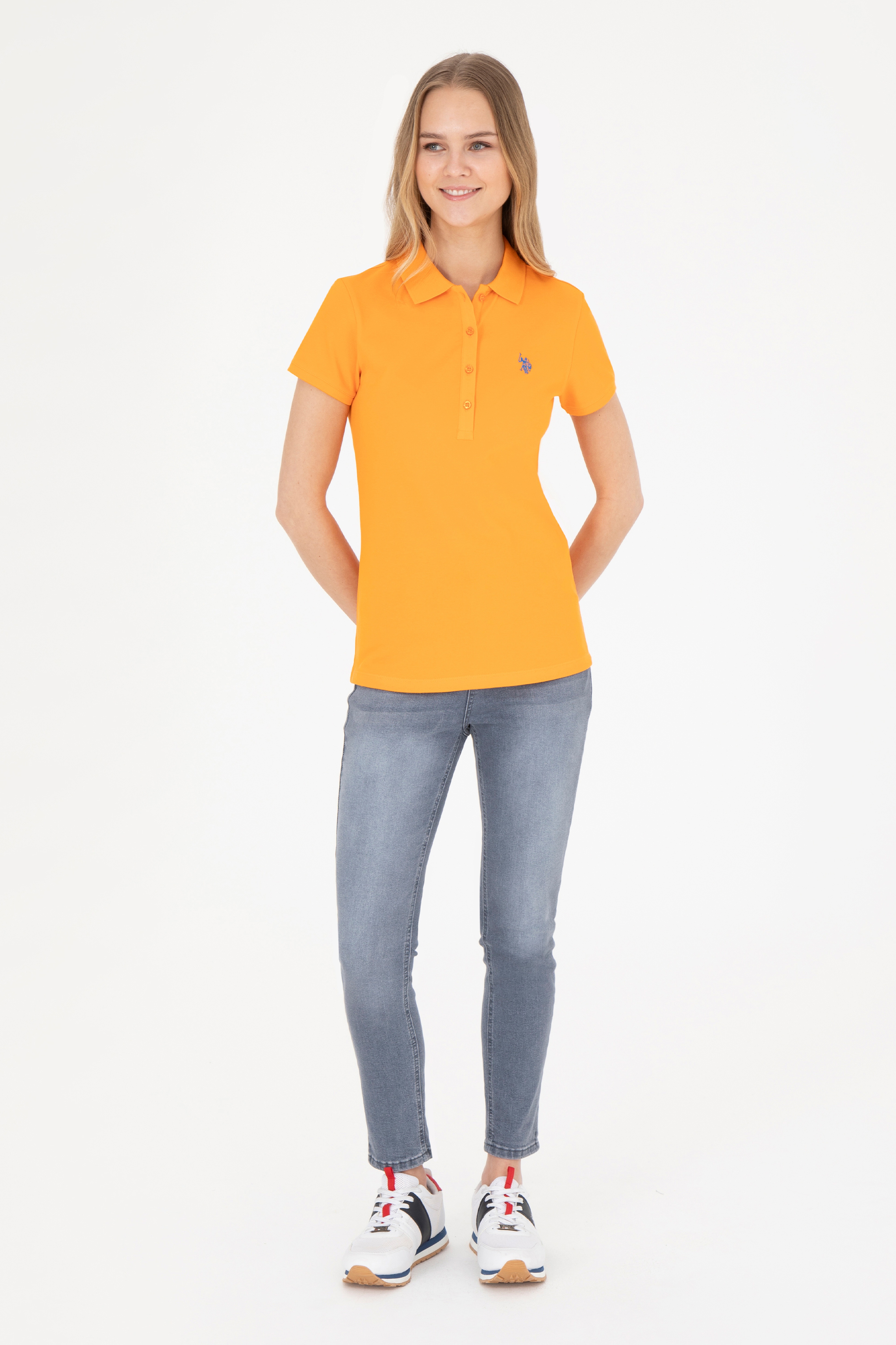 Kadın Turuncu Basic Polo Yaka Tişört - Image 4