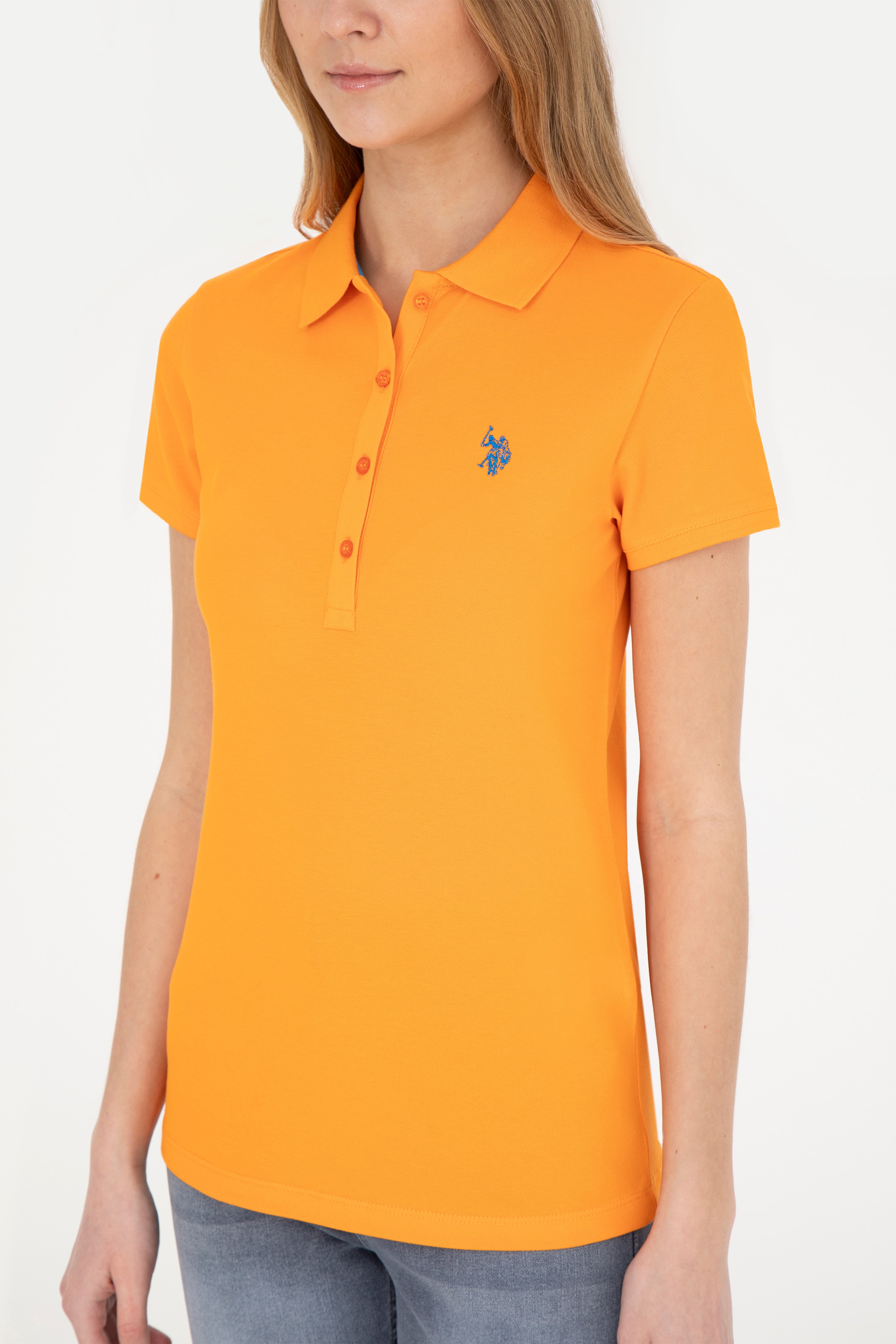 Kadın Turuncu Basic Polo Yaka Tişört - Image 6