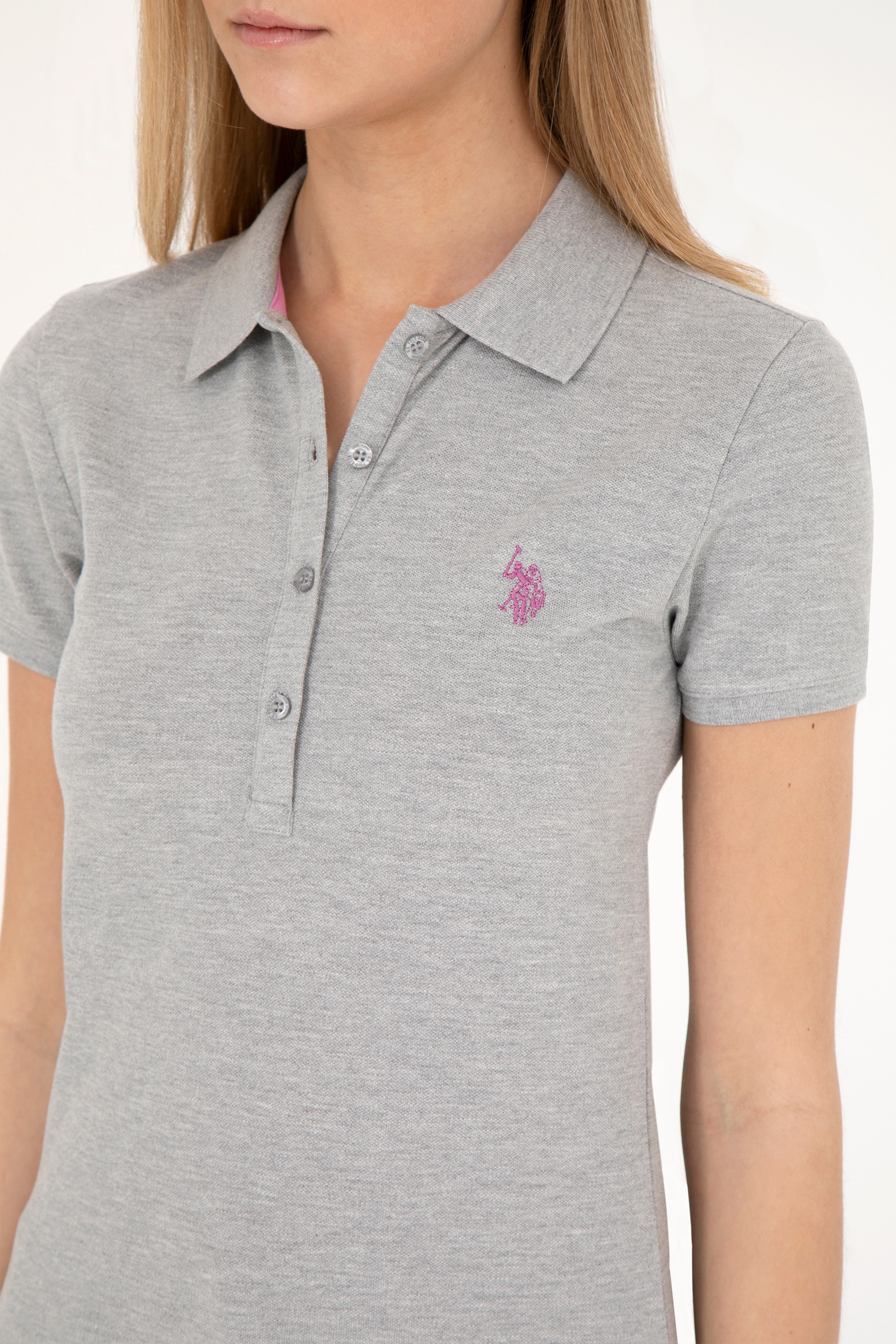 Kadın Gri Melanj Basic Polo Yaka Tişört