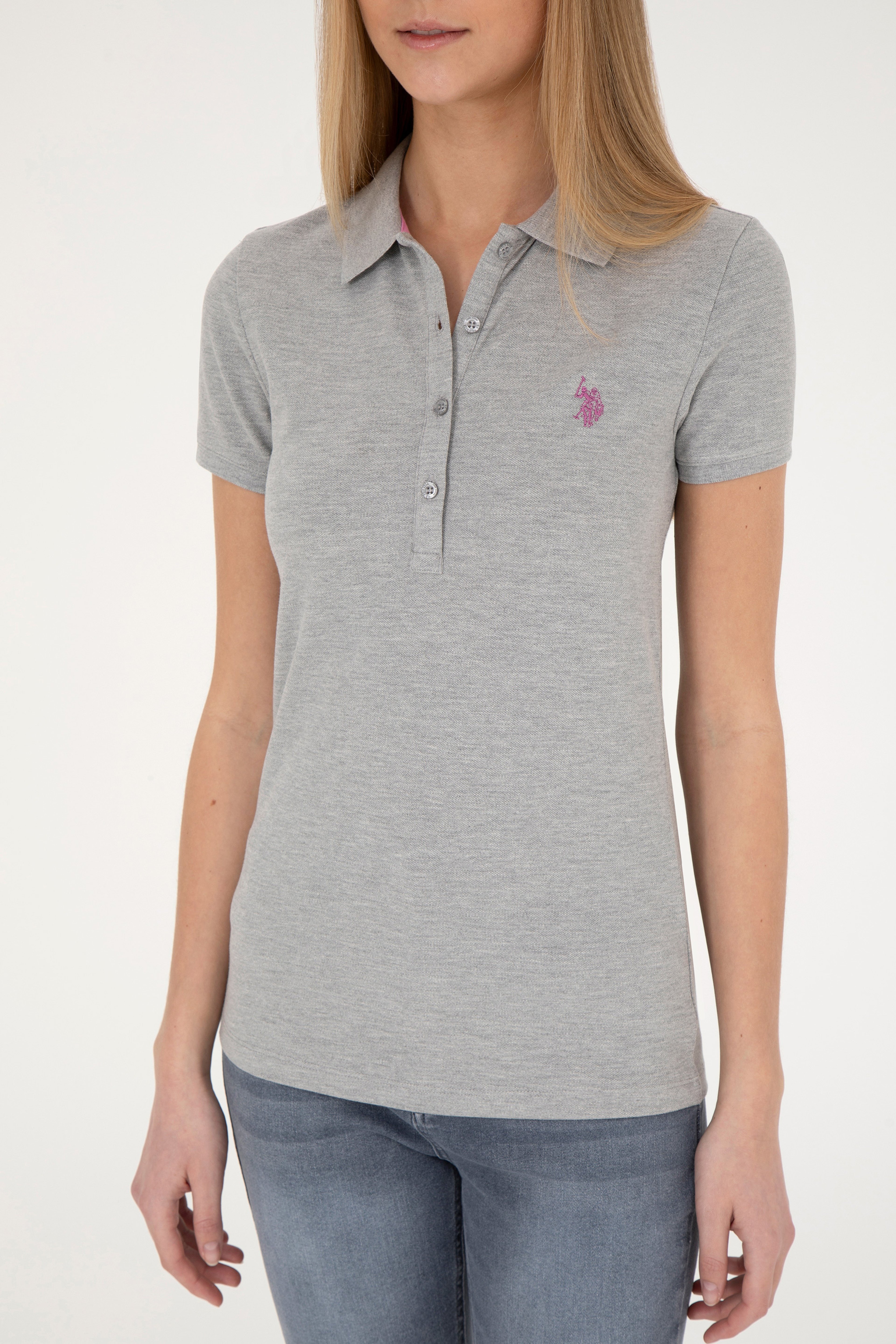 Kadın Gri Melanj Basic Polo Yaka Tişört - Image 6