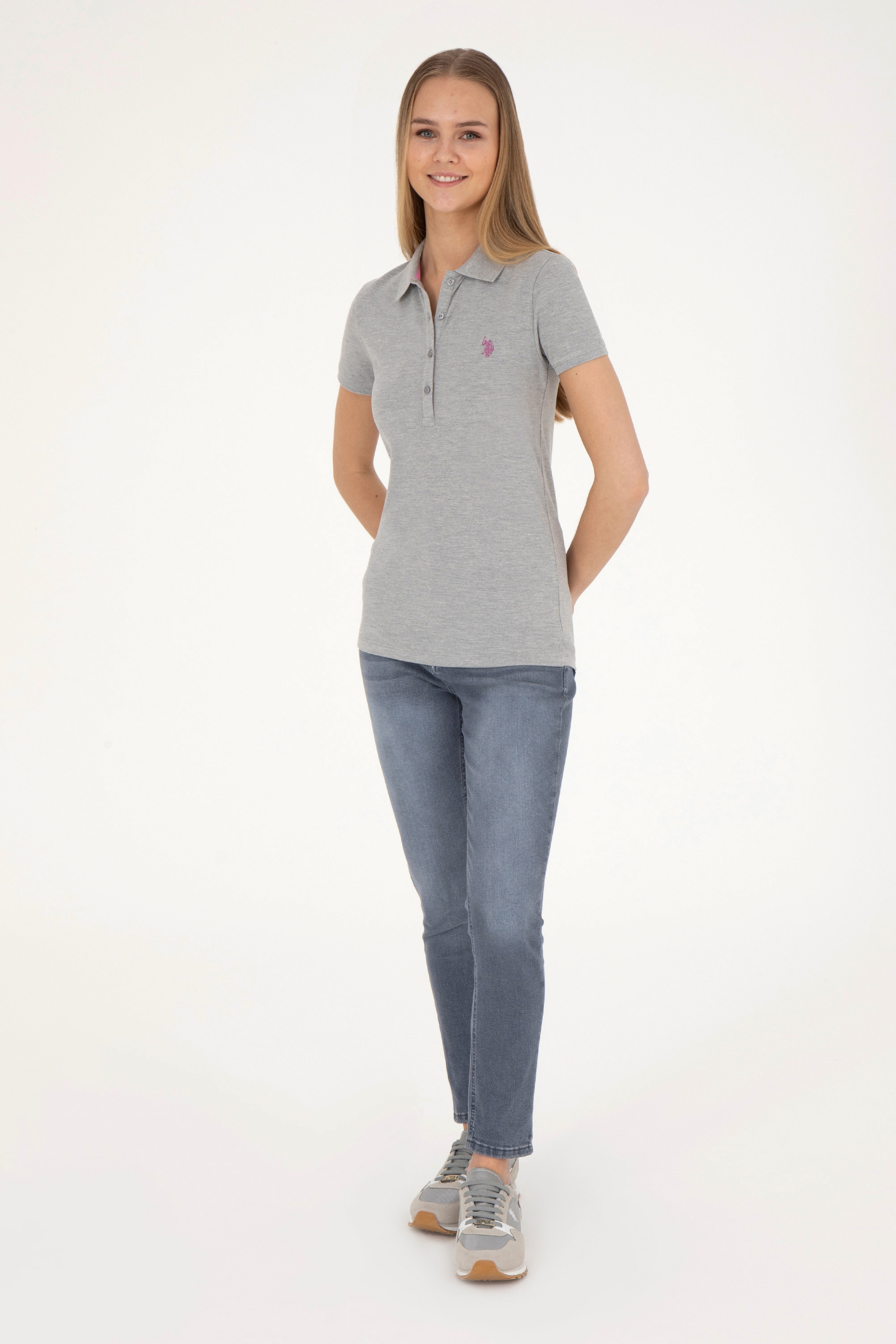 Kadın Gri Melanj Basic Polo Yaka Tişört - Image 4