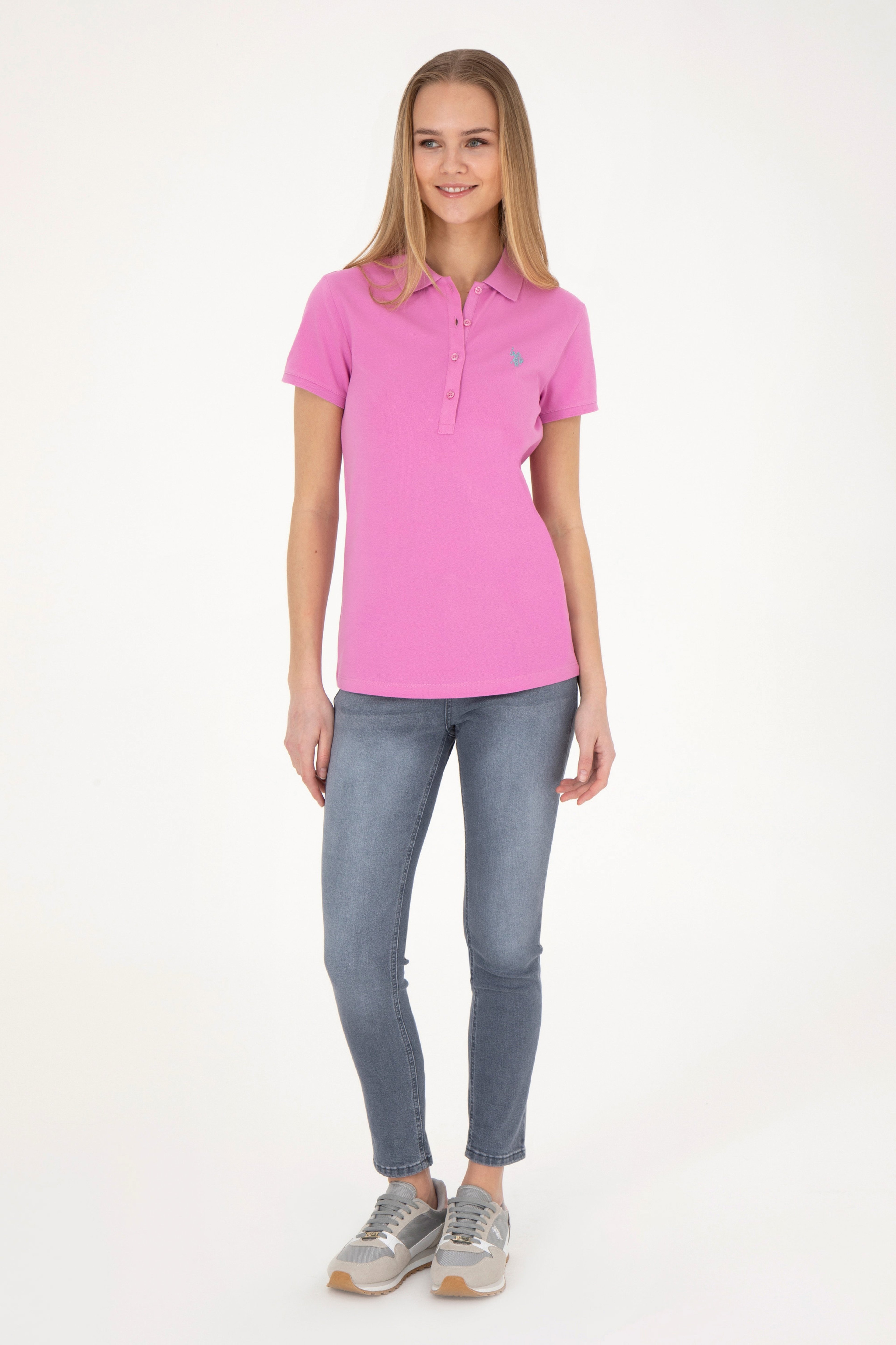 Kadın Pembe Basic Polo Yaka Tişört - Image 4