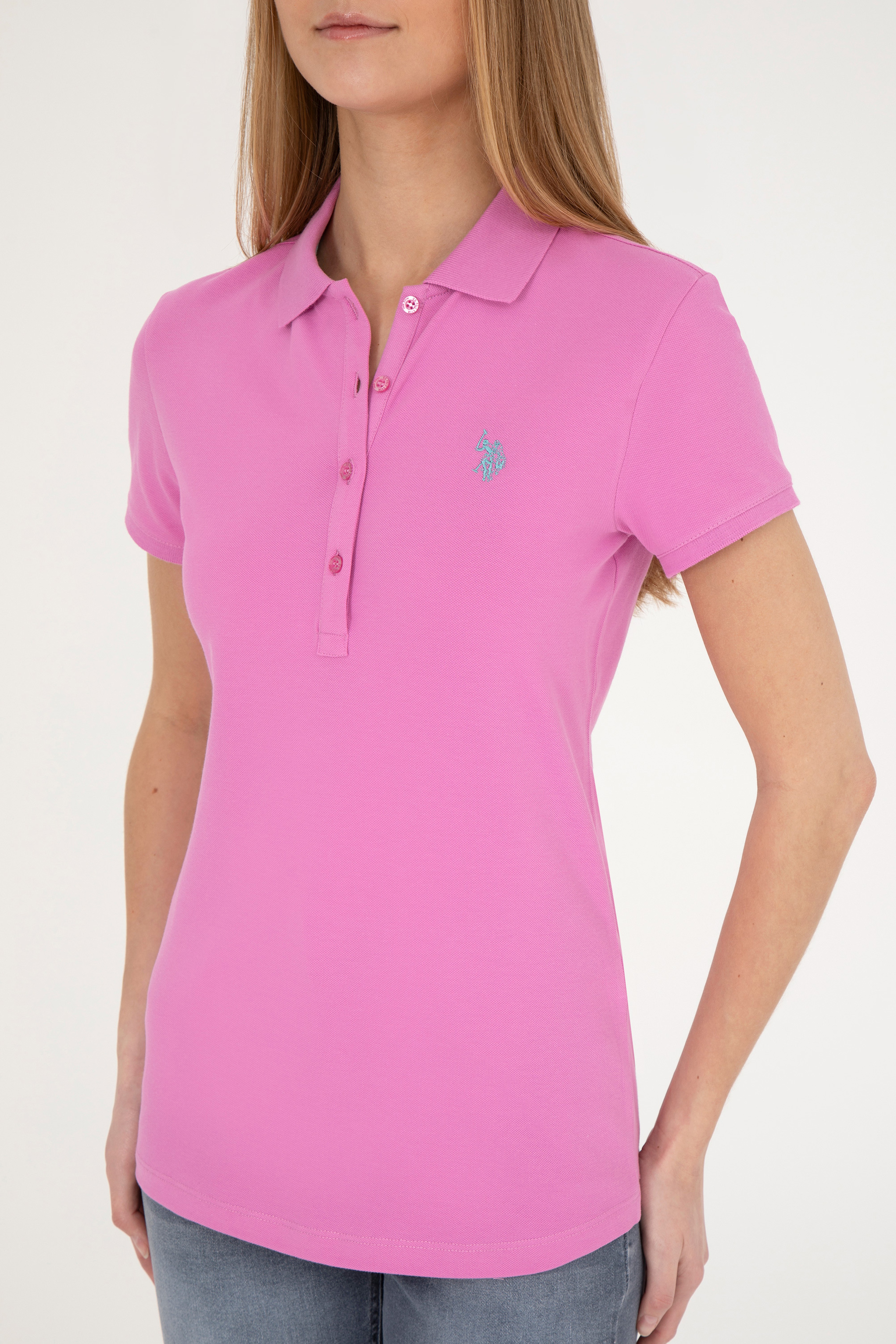 Kadın Pembe Basic Polo Yaka Tişört - Image 6