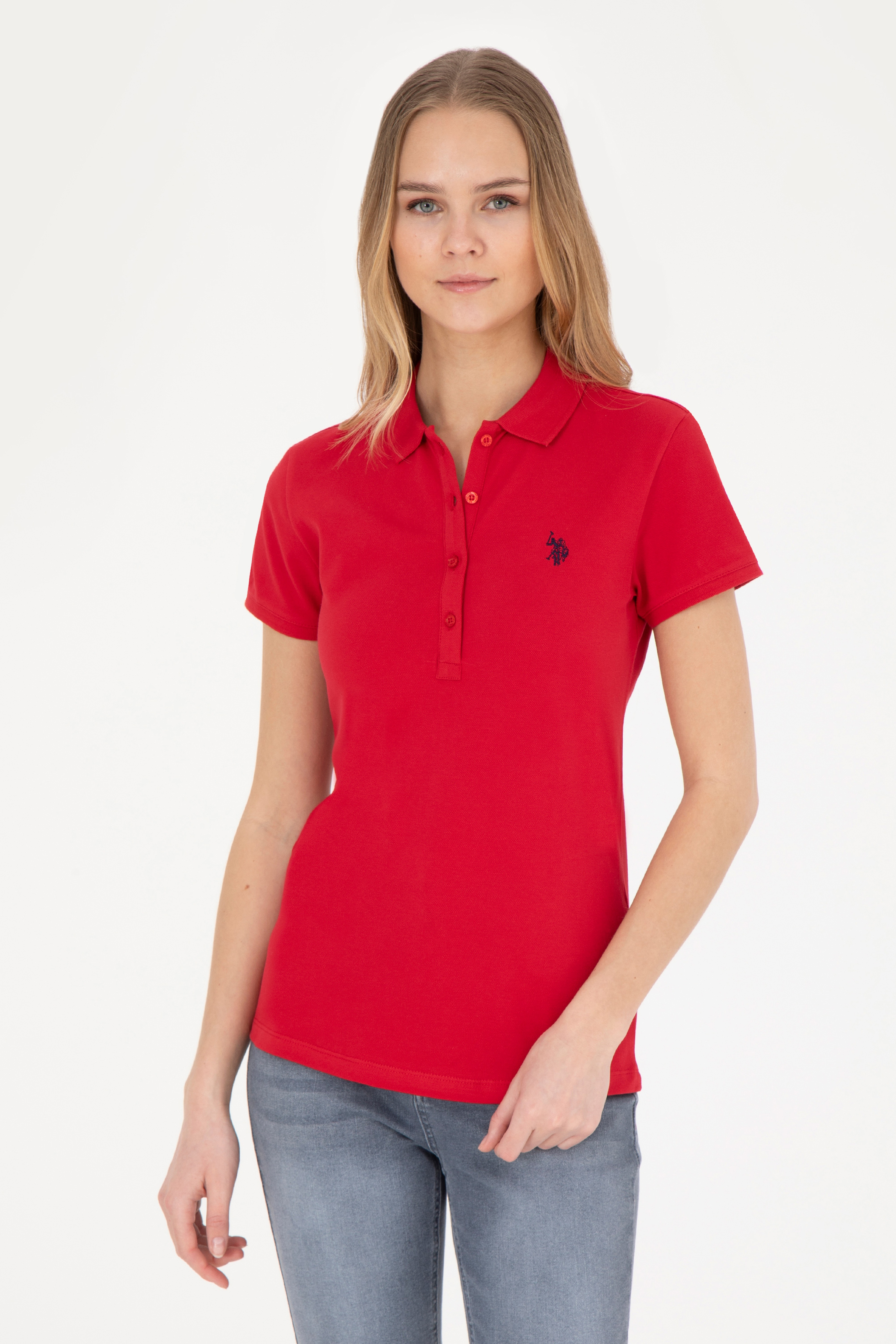 Kadın Kırmızı Basic Polo Yaka Tişört - Image 3