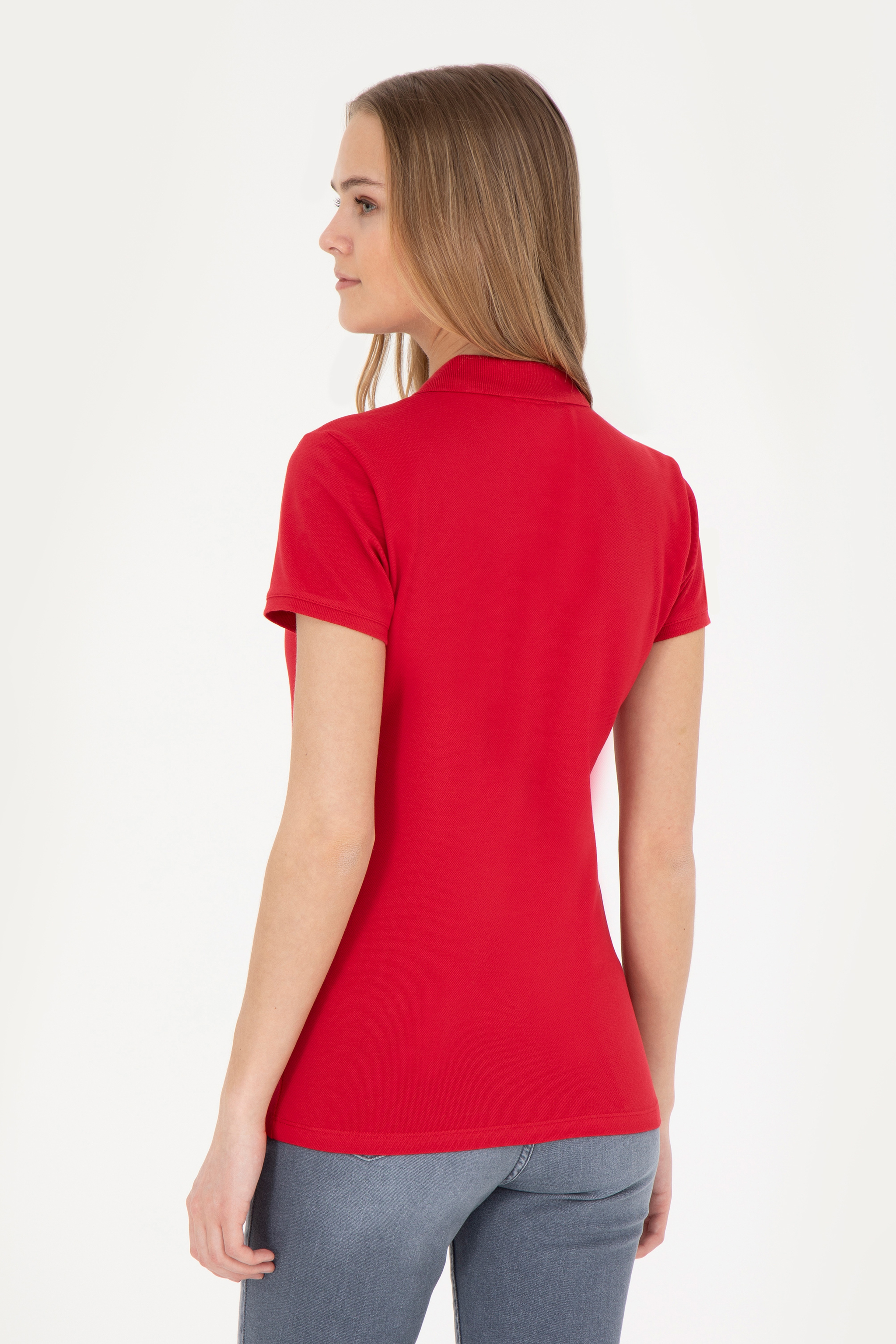 Kadın Kırmızı Basic Polo Yaka Tişört - Image 5
