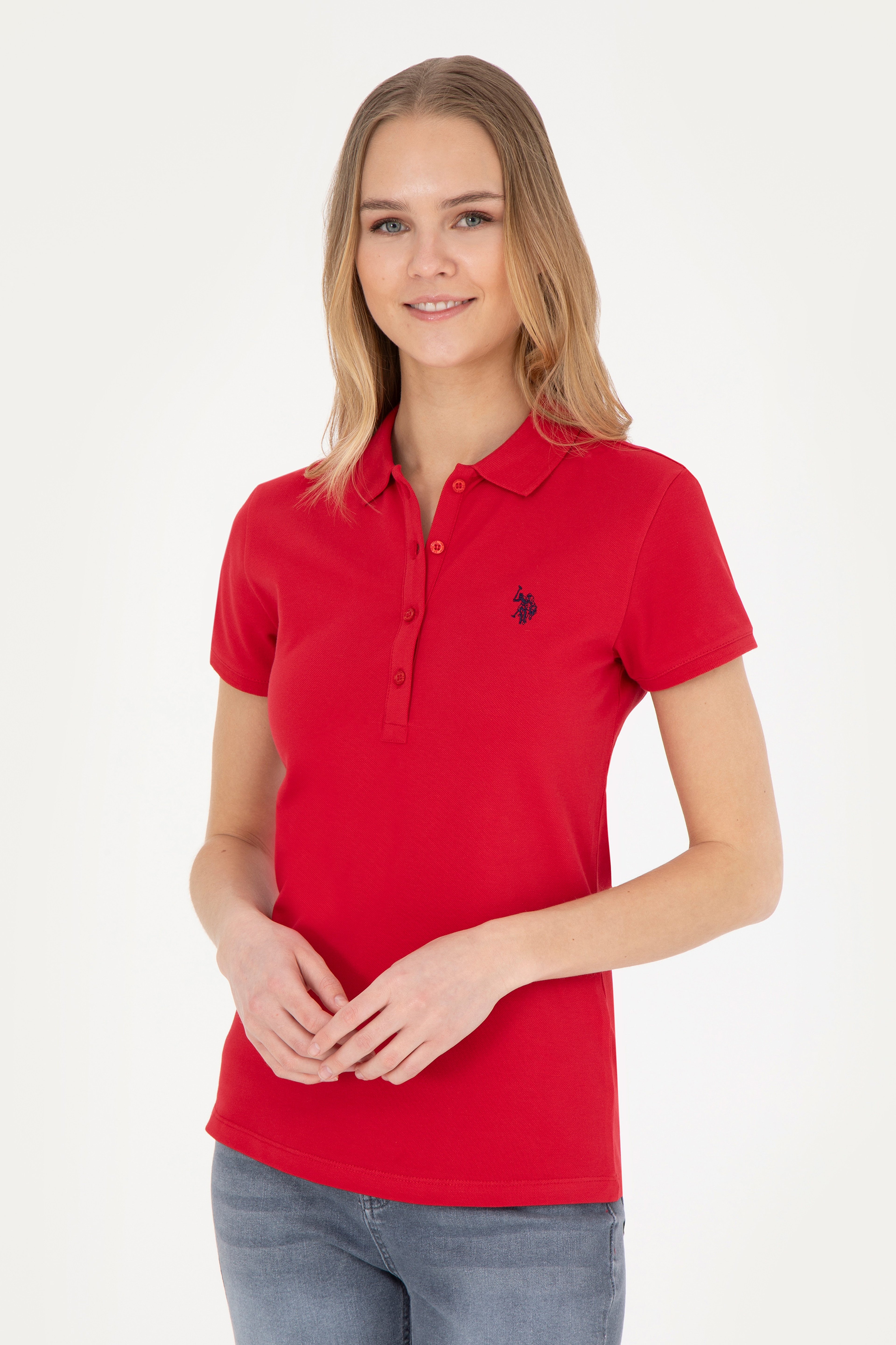 Kadın Kırmızı Basic Polo Yaka Tişört - Image 2