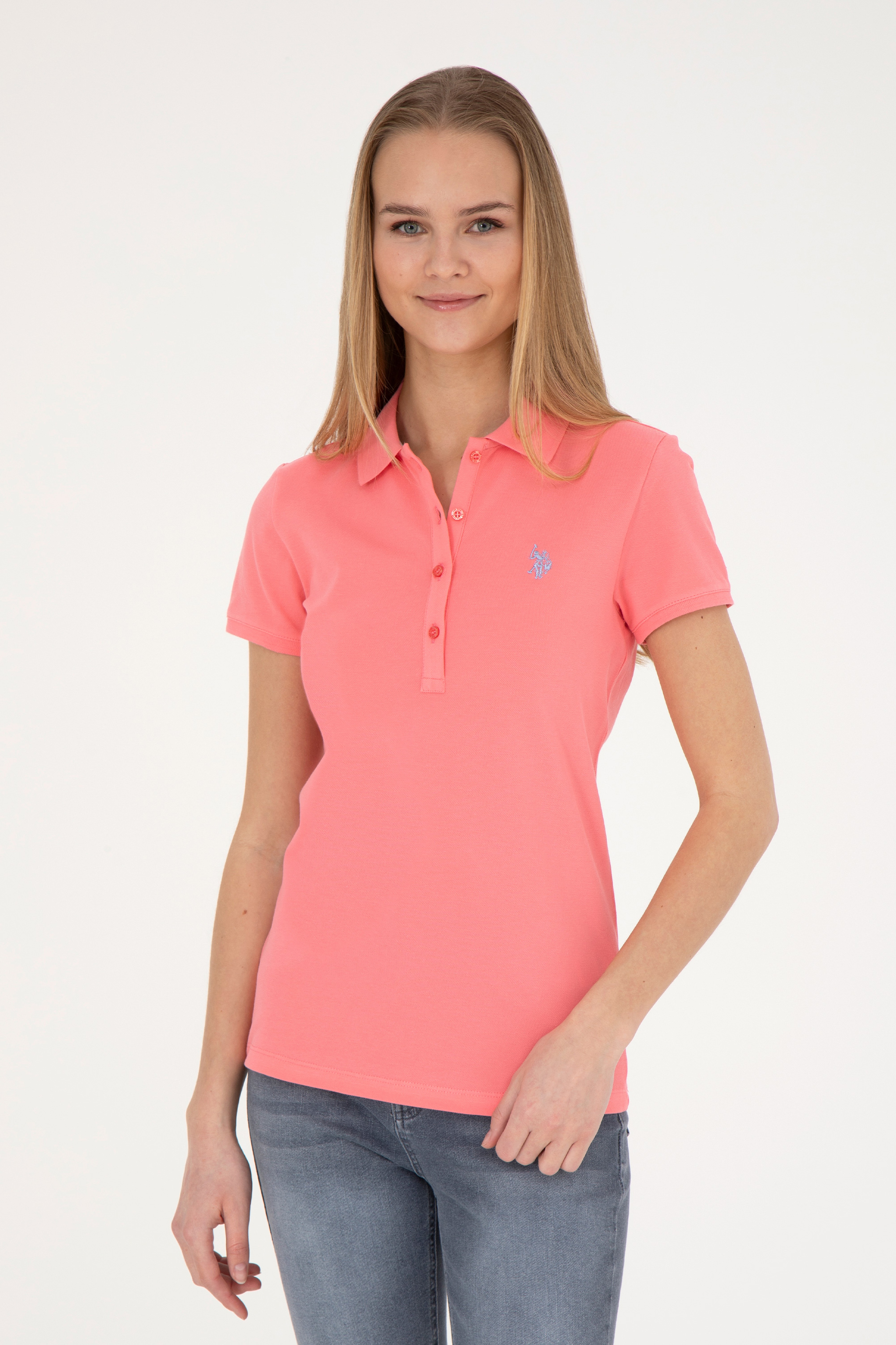 Kadın Pembe Basic Polo Yaka Tişört - Image 1