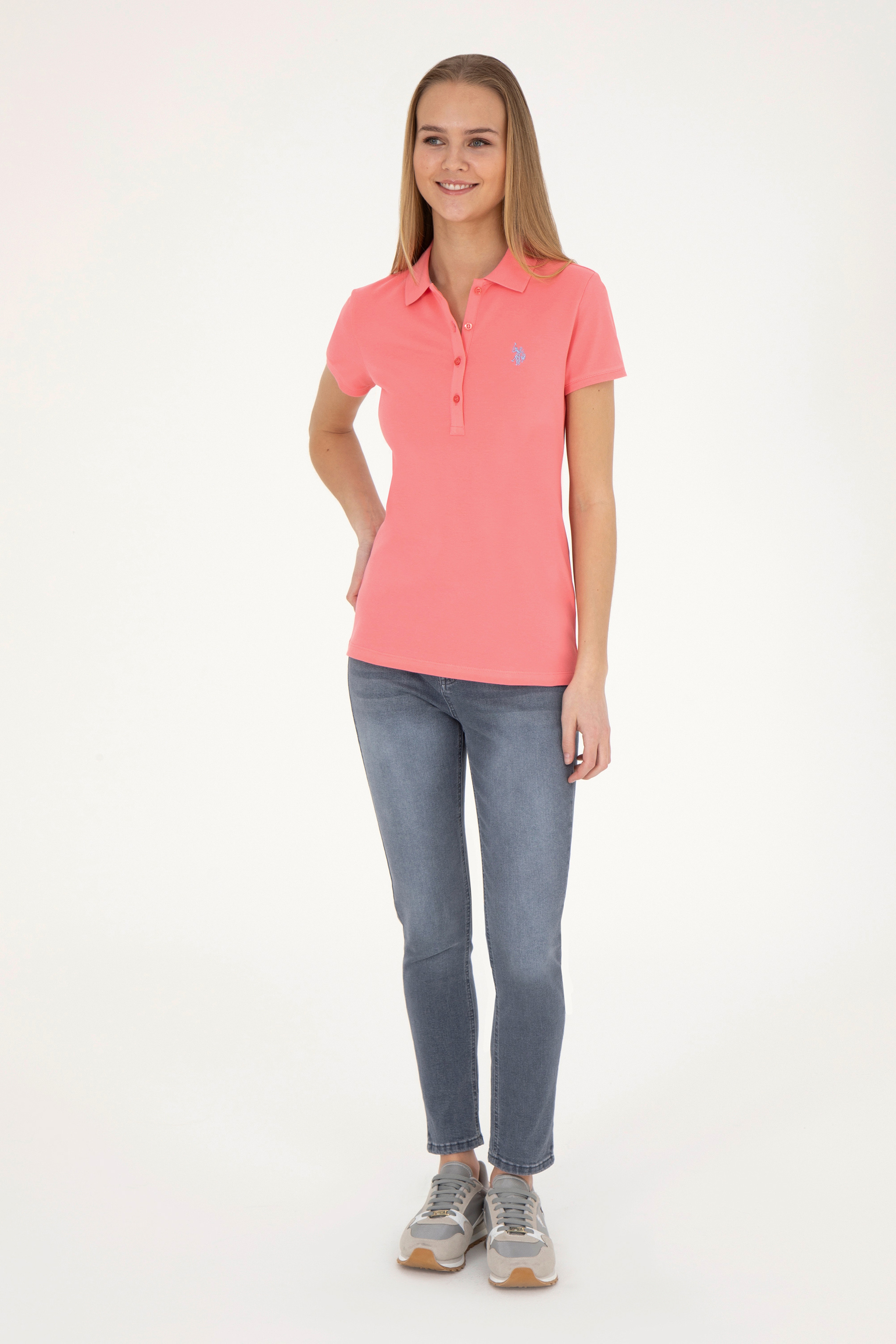 Kadın Pembe Basic Polo Yaka Tişört - Image 4