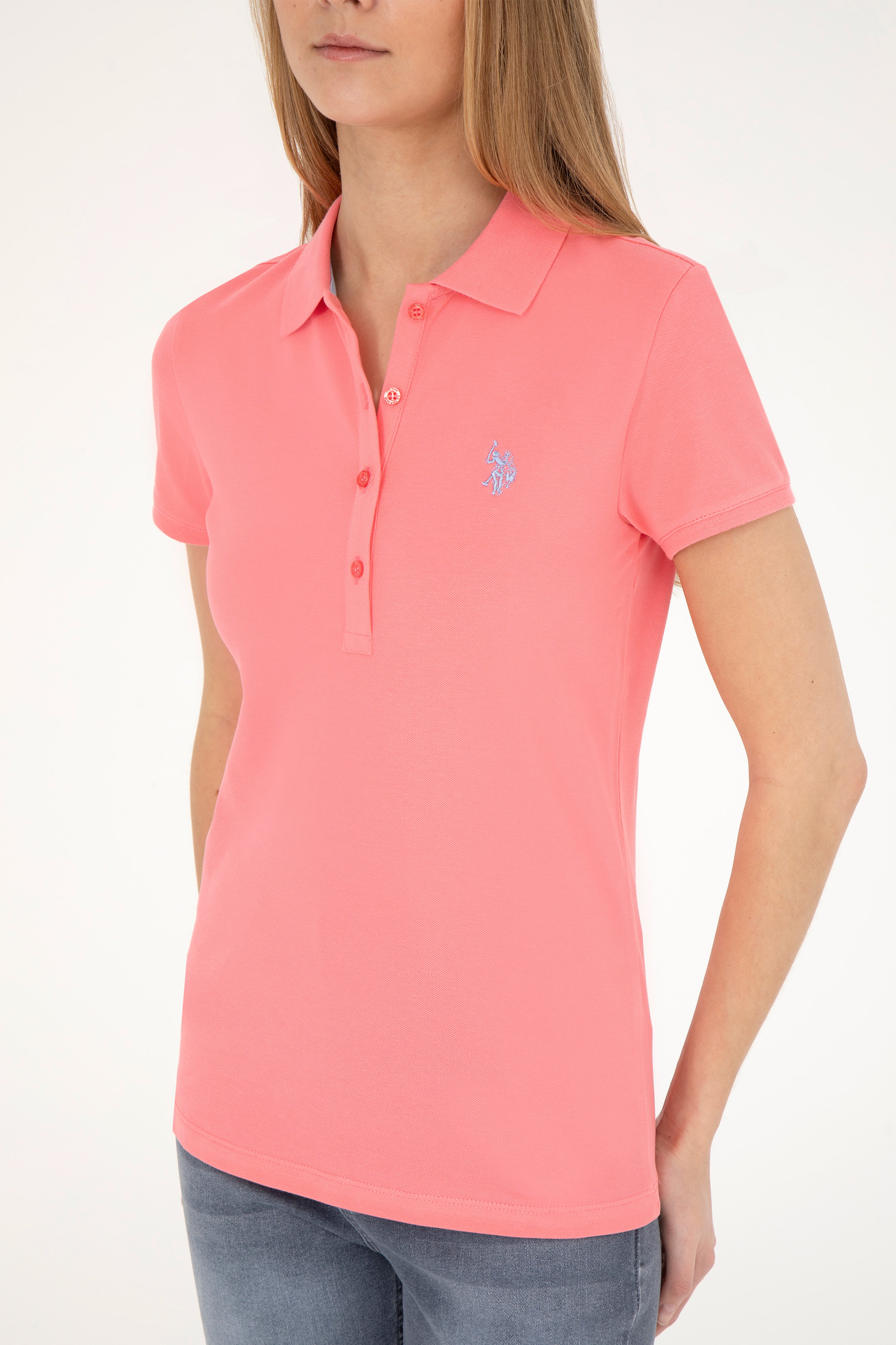 Kadın Pembe Basic Polo Yaka Tişört - Image 6