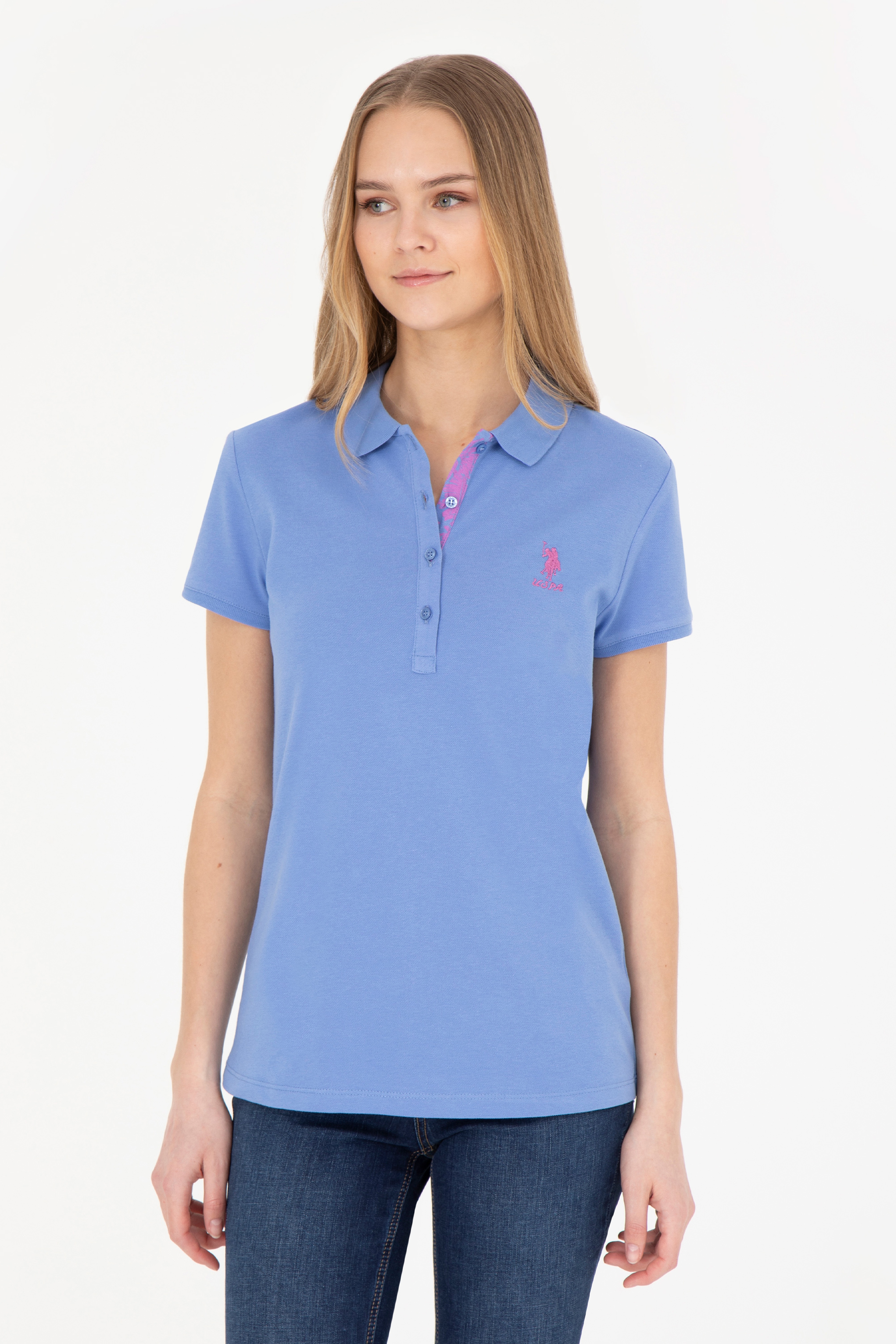 Kadın Koyu Mavi Basic Polo Yaka Tişört - Image 2