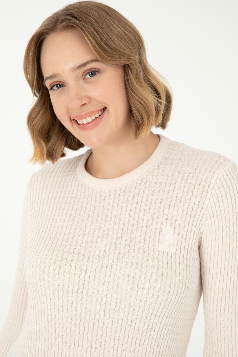 Kadın Krem Bisiklet Yaka Basic Kazak - 50288979041