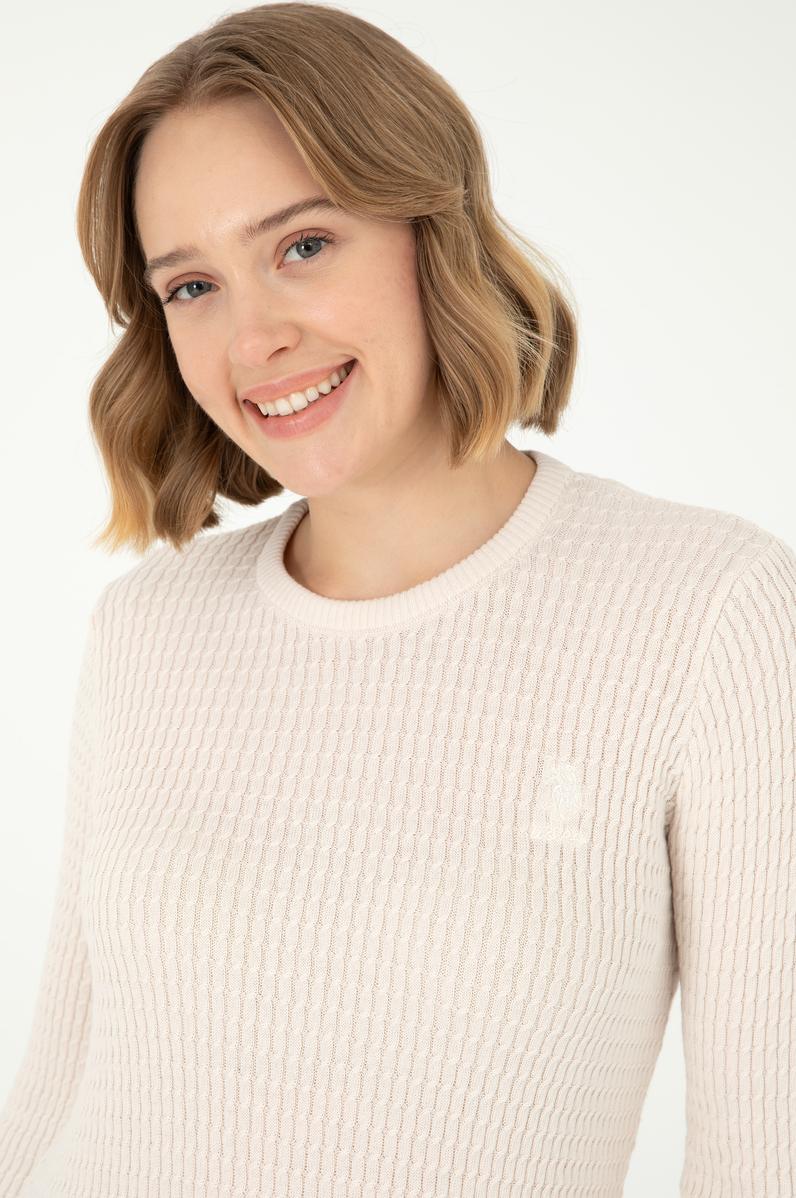 Kadın Krem Bisiklet Yaka Basic Kazak