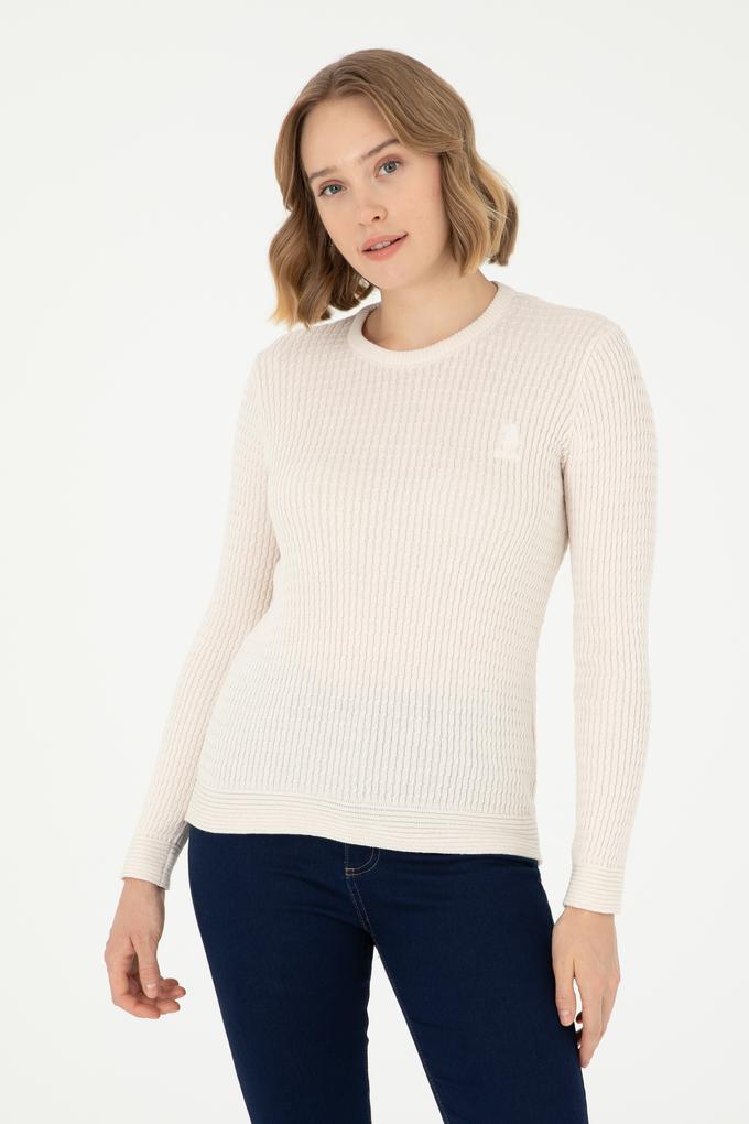 Kadın Krem Bisiklet Yaka Basic Kazak