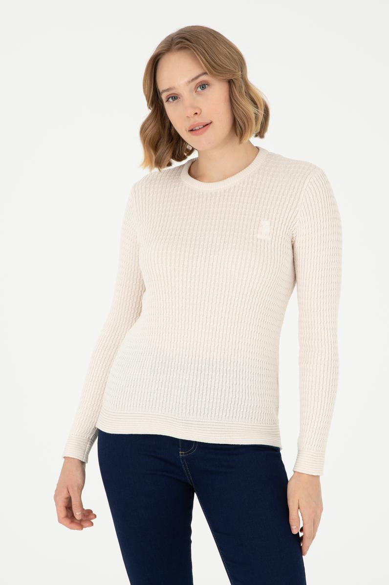 Kadın Krem Bisiklet Yaka Basic Kazak