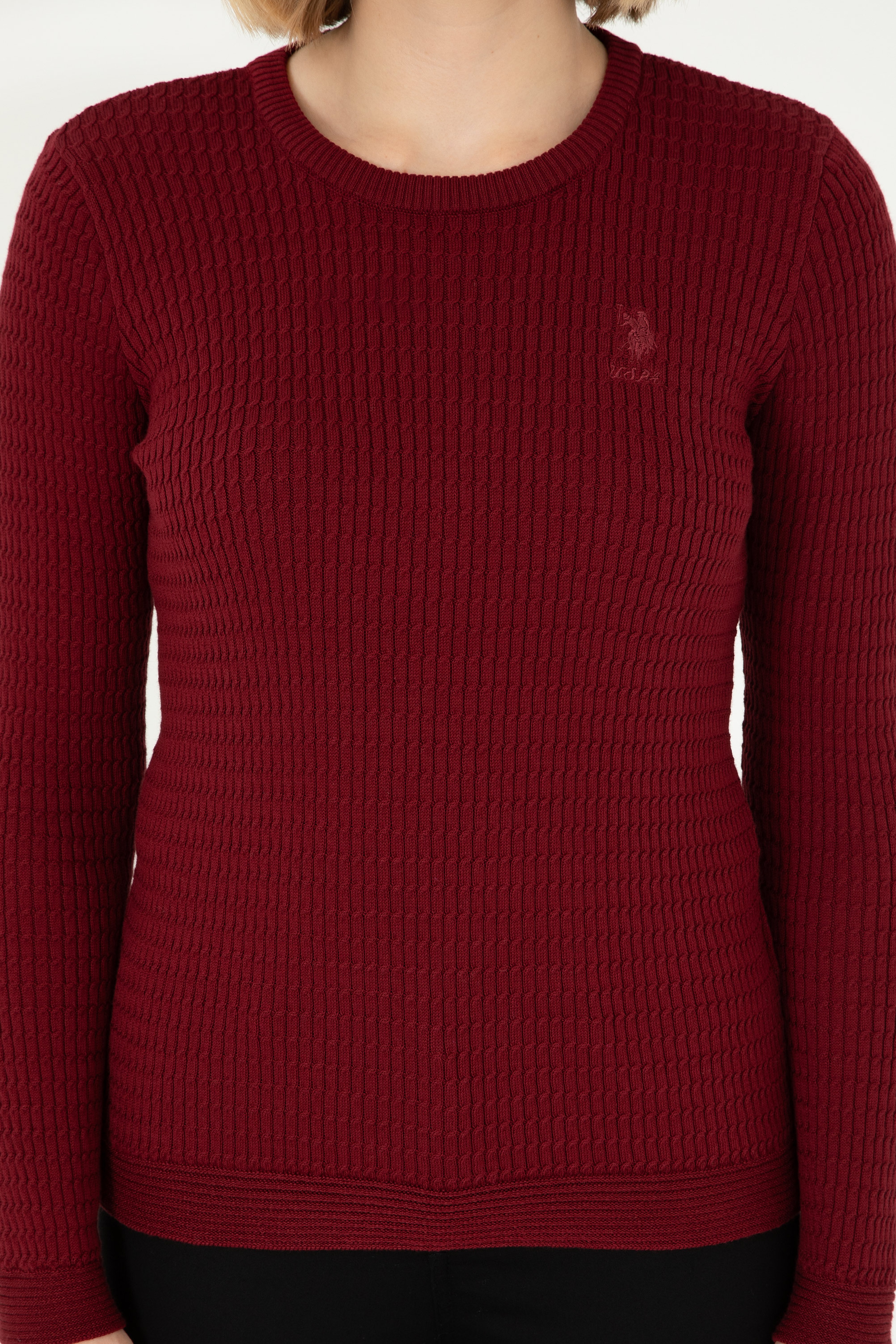 Kadın Bordo Bisiklet Yaka Basic Kazak - Image 6