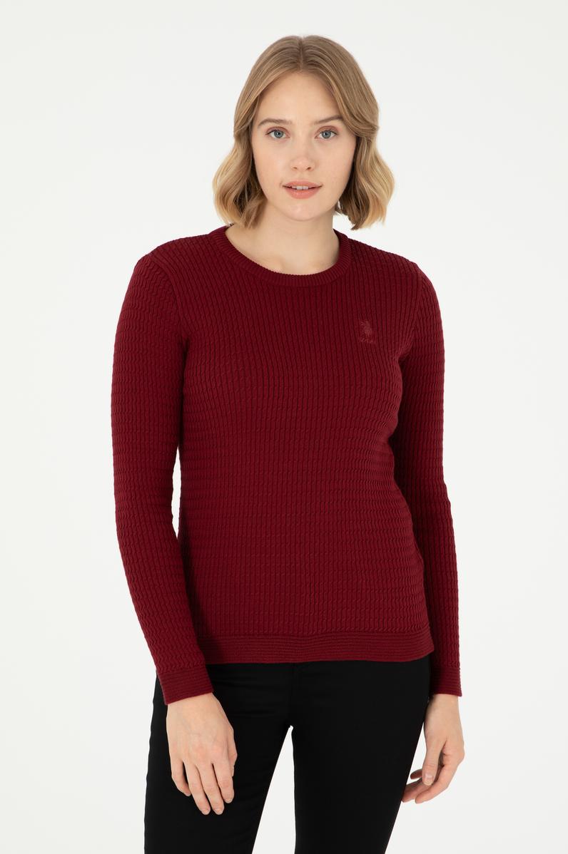 Kadın Bordo Bisiklet Yaka Basic Kazak