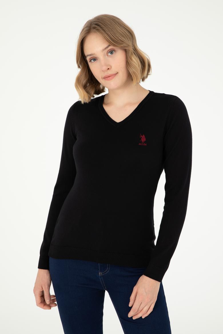 Kadın Siyah V Yaka Basic Kazak - 50288997018