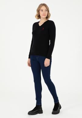 Kadın Siyah V Yaka Basic Kazak - 50288997018