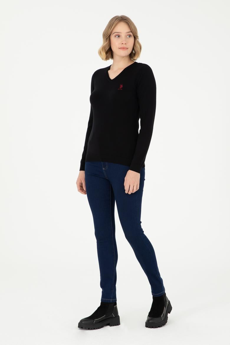 Kadın Siyah V Yaka Basic Kazak - 50288997018