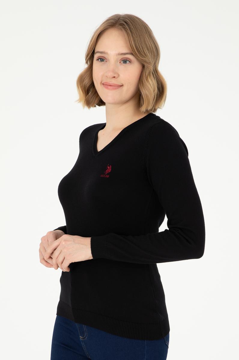 Kadın Siyah V Yaka Basic Kazak