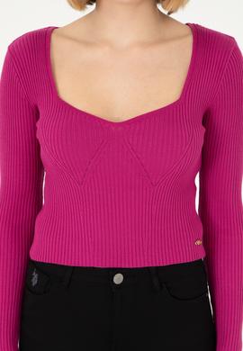 Kadın Fuşya V Yaka Kazak - 50293163006