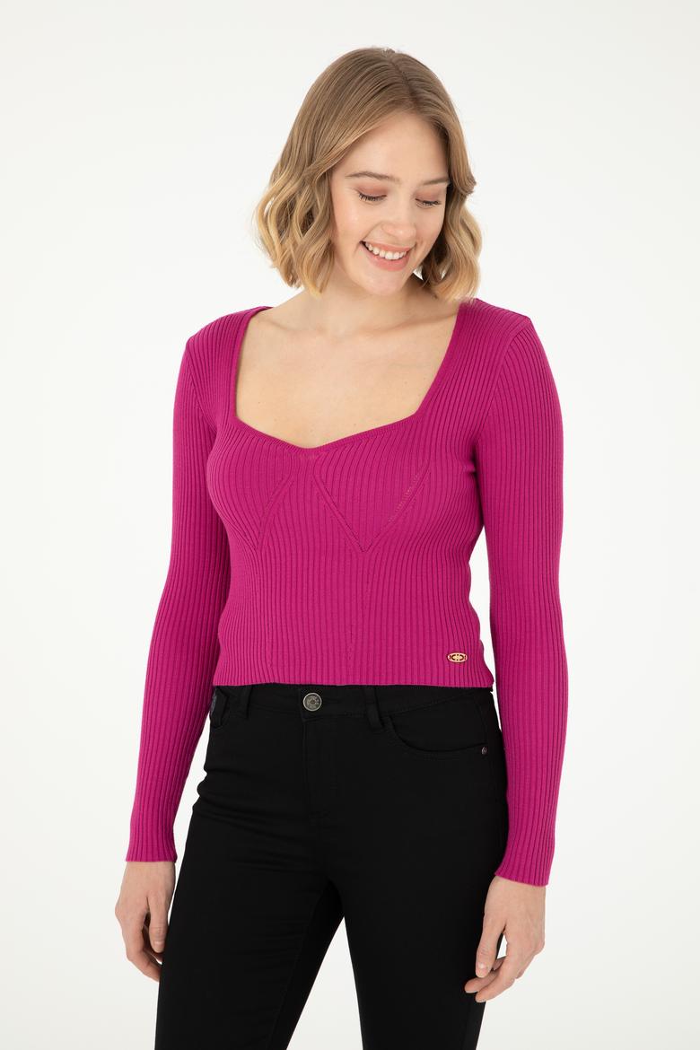 Kadın Fuşya V Yaka Kazak - 50293163006