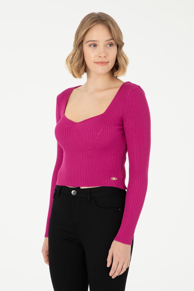 Kadın Fuşya V Yaka Kazak
