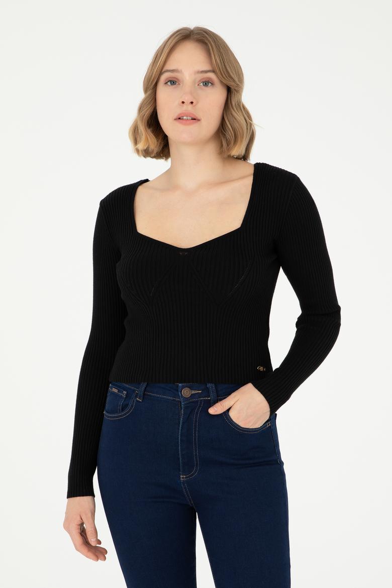 Kadın Siyah V Yaka Kazak