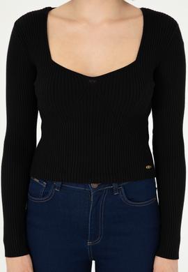 Kadın Siyah V Yaka Kazak - 50293163013