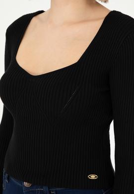 Kadın Siyah V Yaka Kazak - 50293163013