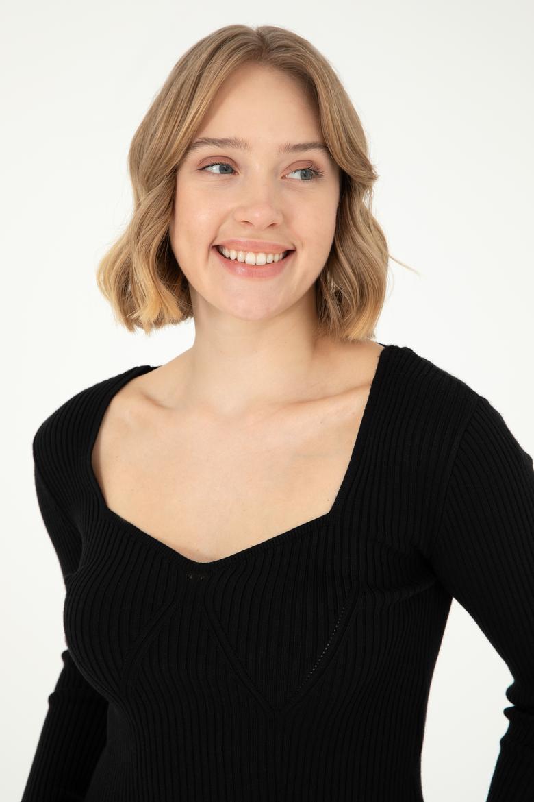 Kadın Siyah V Yaka Kazak - 50293163013