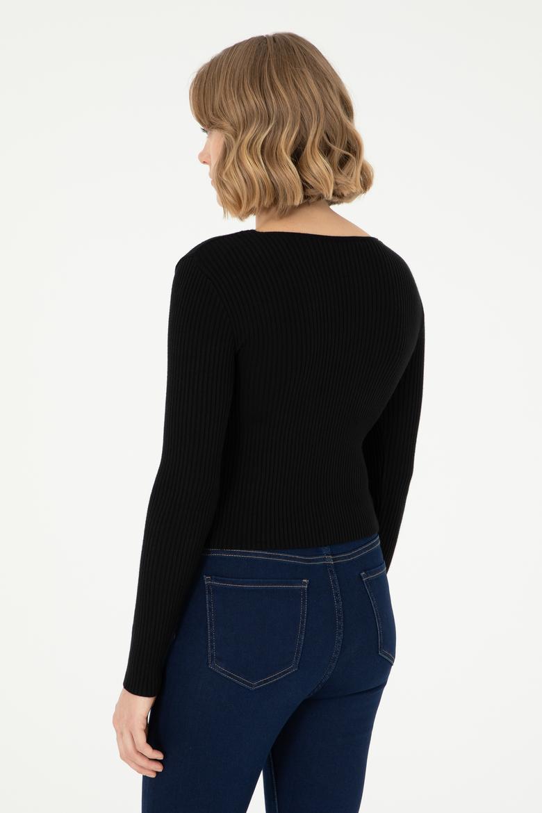 Kadın Siyah V Yaka Kazak - 50293163013