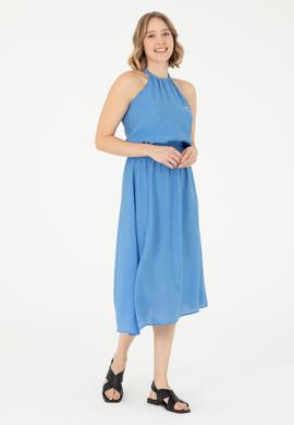 Kadın Koyu Mavi Midi Boy Dokuma Elbise - 50289213005