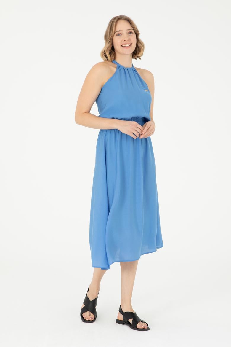 Kadın Koyu Mavi Midi Boy Dokuma Elbise - 50289213005