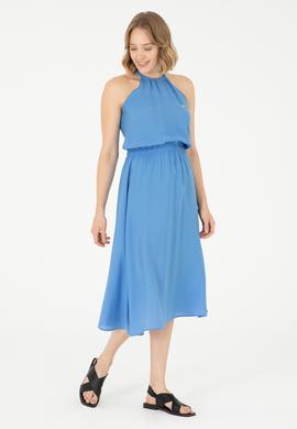 Kadın Koyu Mavi Midi Boy Dokuma Elbise - 50289213005