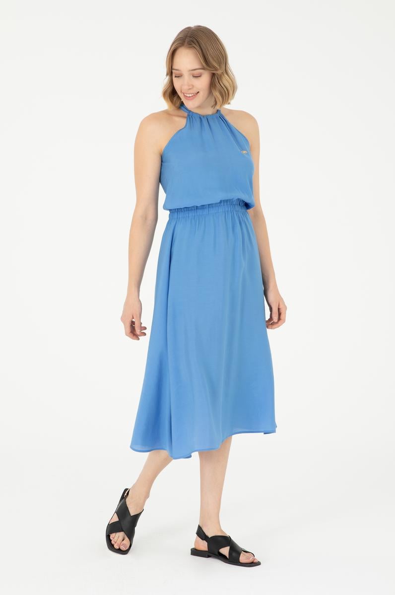 Kadın Koyu Mavi Midi Boy Dokuma Elbise