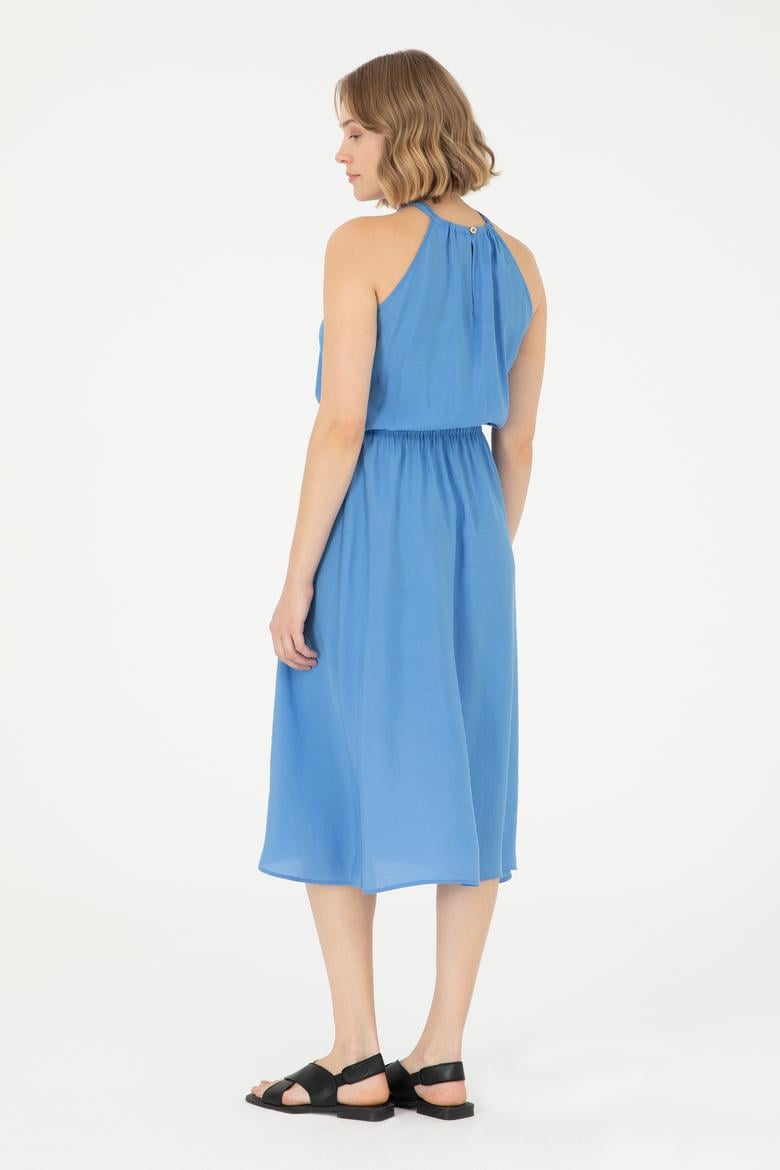 Kadın Koyu Mavi Midi Boy Dokuma Elbise - 50289213005