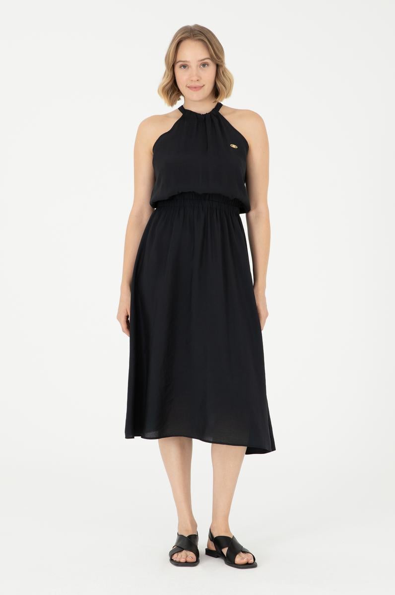 Kadın Siyah Midi Boy Dokuma Elbise